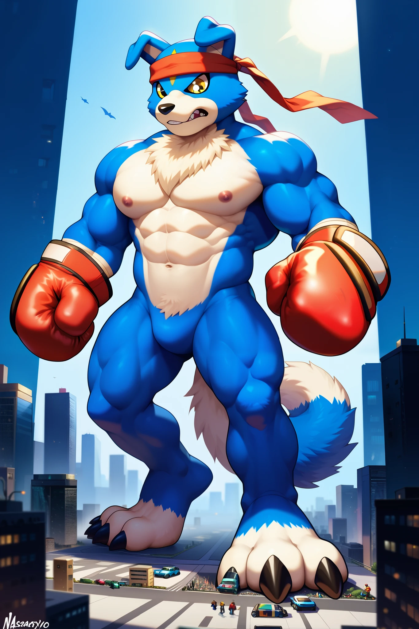 Masterpiece, Solo, Furry Light Blue Wolf, Light Blue Fur,Dark Blue Eyes, Dragon Wings, Bulking Body, Dad bod body, Cool Pose, Charming, Handsome, Life Guard outfit, wearing cap