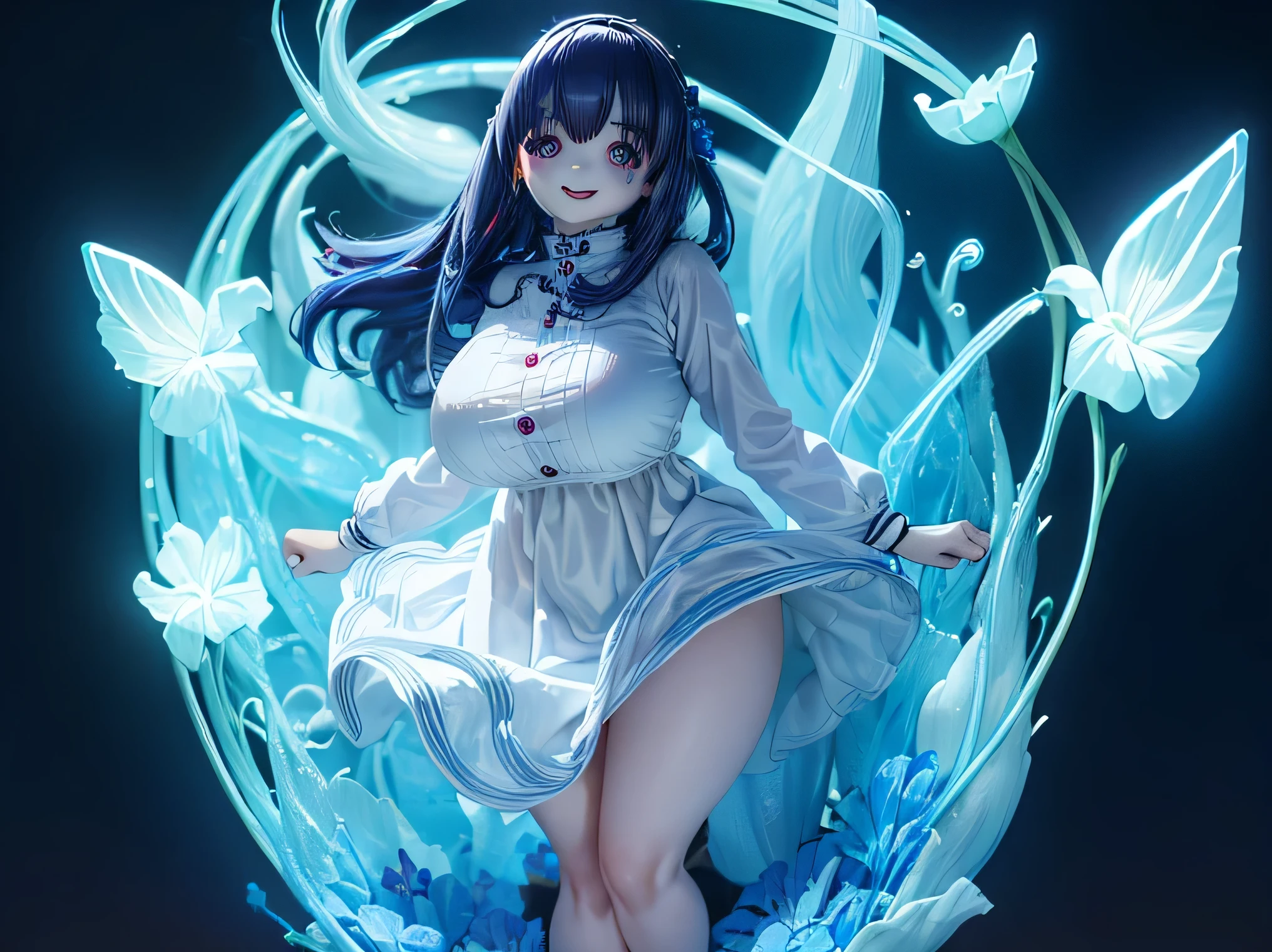 Full body shot+shoe+Sitting、(Witch with light blue curly twin tails, Pointed haunted hat and hood, About 22 years old, She makes potions in pots with alchemy, Cute ghosts around, (Lots of stuffed animals in the background!), Fancy cute adults. Alone), raw,Large breasts (slang)、((no-bra))、((No panties))、Open your legs wide、Superb Boobs, Cute, Big eyes, very fine eyes & Face, Fine eyes, Jaizo, best, 、the eyes are bright red、(white robes)、Real Face、no nsfw、