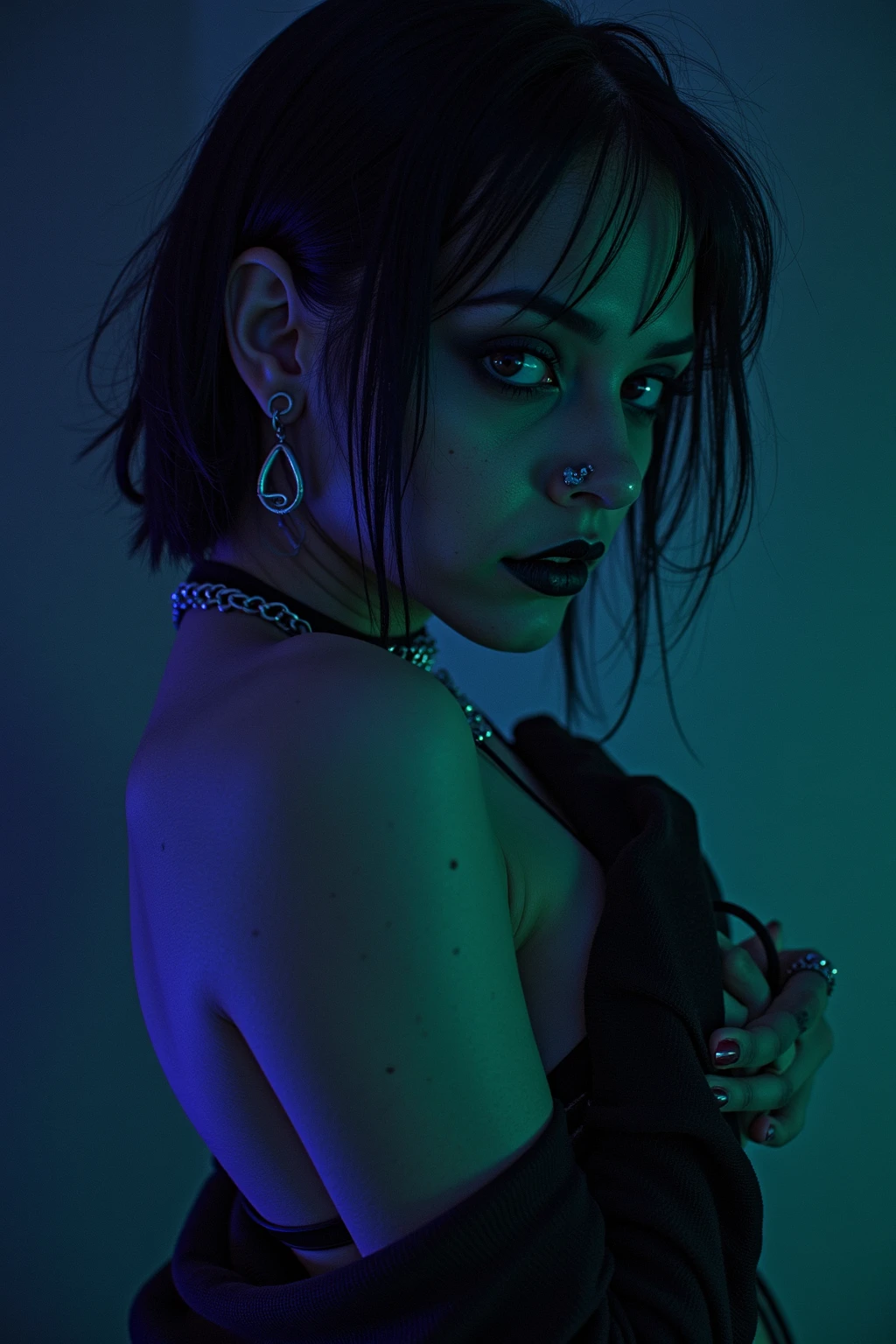 there Marilyn Monroe standing, neon hair, 3 d neon art of a womans body, neon-noir background, cyberpunk femme fatale, seductive cyberpunk dark fantasy, cyberpunk strip clubs, cyberpunk 20 y. o model girl, oppai cyberpunk, banner, high definition cgsociety, cgsociety masterpiece, trending on cgstation, kda, random hair, looking at camera, gigantic breasts, cleavage, (high detailed skin:1.2), 8k uhd, dslr, super lighting, high quality, film grain, high res, highly detailed, hyper realistic, beautiful face, beautiful body, beautiful eyes nose lips, alluring expression, very bold, upper boobs visible, full body photo, standing legs apart, pale translucent glowing skin, most beautiful face, cute, (well defined pubic hair:1.2)), (dark plain black background:1.4))