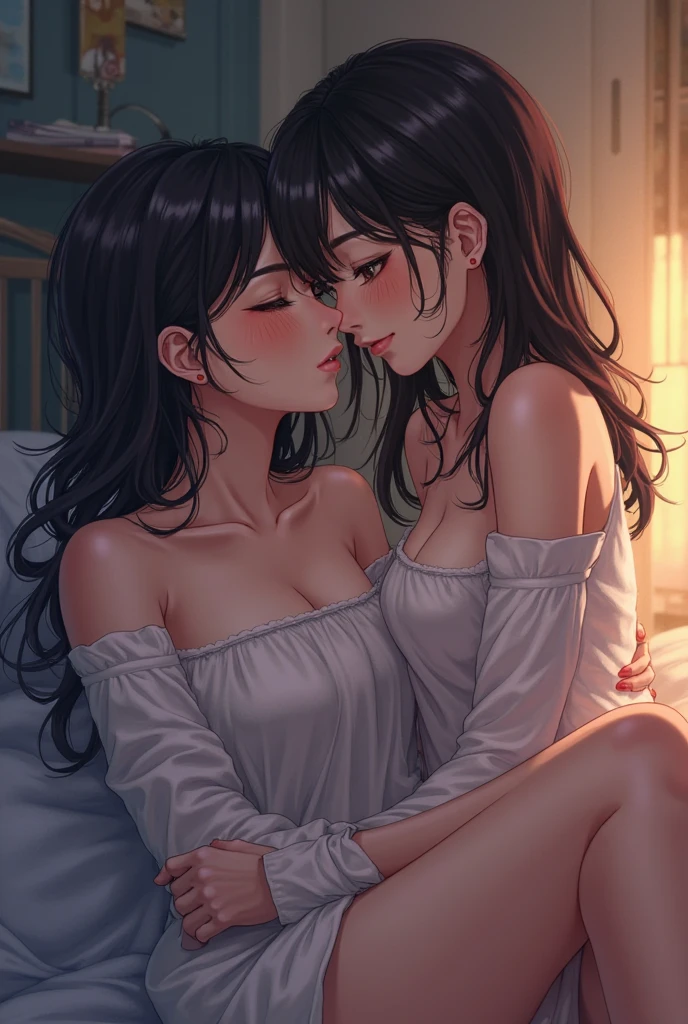 Female lover kissing, 2 girls, naked shirt female in bed, (SFW) Work, kissing together cutely, Girl Love Art, OPPEIN, Slightly saggy big breasts, small breasts, (((Extra long yellow curly hair))), (((Brown shoulder-length straight hair))), (girl love hug), (girl love kiss), The mouth is very detailed, detail face, (/touch her clothes, /touch her breasts), safe for work version, Octane Render