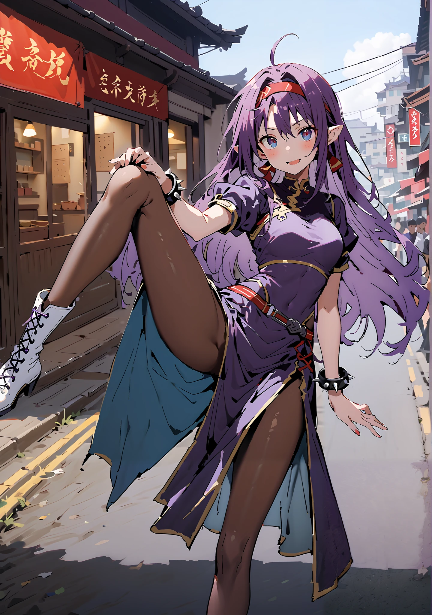 score_9, score_8_up, score_7_up,  source_anime,
 yuukiKonno, Konno Yuuki, headband, long hair, pointed ears, purple hair, red eyes, double chauban ,serious,and open your mouth,chunlicosplay, Chunli \(cosplay\), blue  dress, boots, bracelet, brown pantyhose, china  dress, Chinese clothes, cross lace footwear,  dress,  gold trim,  jewelry, pantyhose, pelvic curtain, puff sleeve, band, short sleeve, side slits when it comes out, spiked bracelet, spike, White footwear,That&#39;s right.,standing, leg up, Leg lift, Beautiful cityscape, combat posture,full bodyがイラストに入るように,                                                        break outdoors,Chinatown,
break looking at viewer,full body,
break (masterpiece:1.2),Top Quality , kampala, Unity 8K Wallpaper ,(shape:0.8),(  fine, beautiful eyes  :1.6),It's a person ,full body写真,CG Details , (perfect hands with full nudity, complete anatomy),
