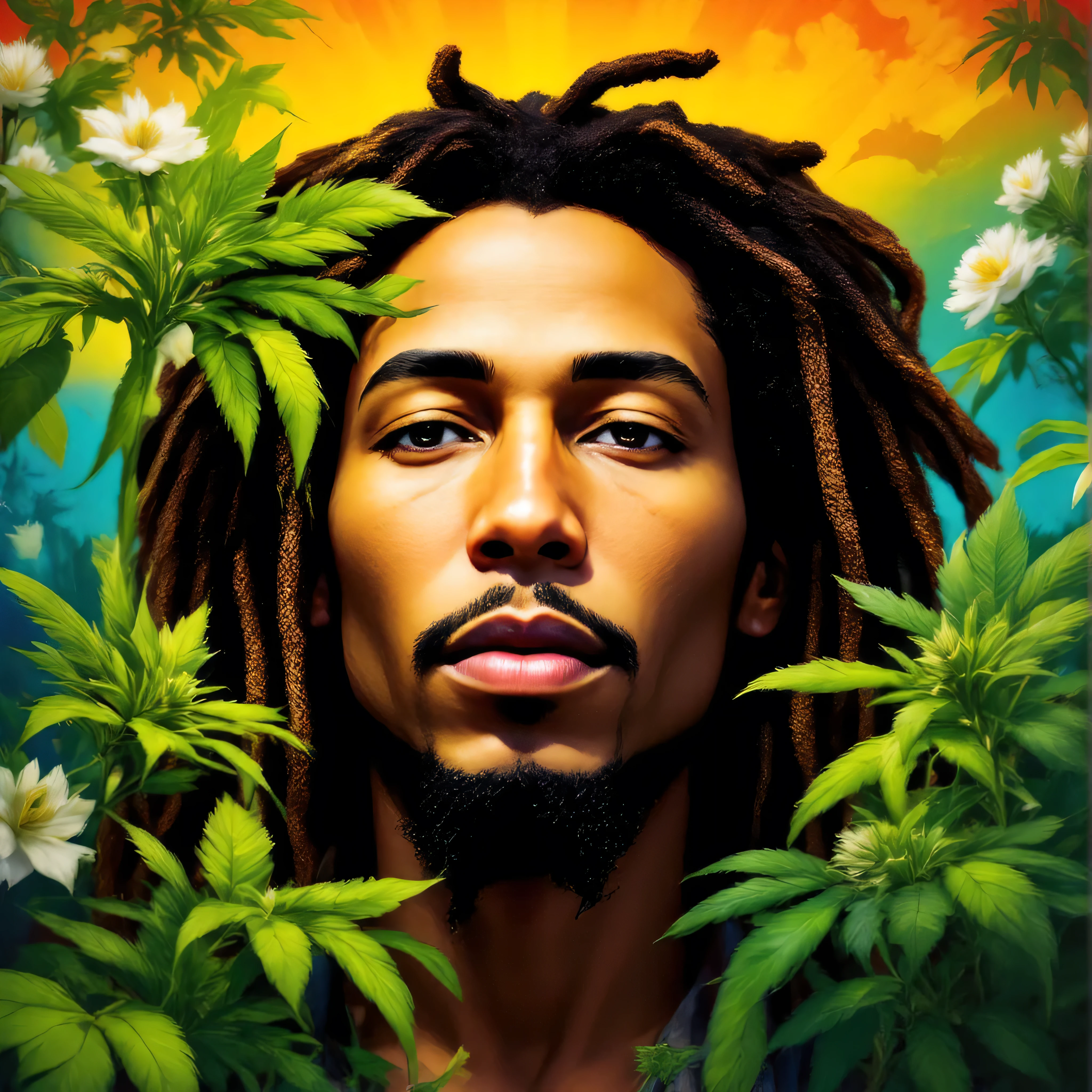 (((masterpiece, High-quality, High-resolution, Attention to high-detail)))),bob marley,It grows,lion,marijuana,buds,sunnybeach,smorking marijuana,