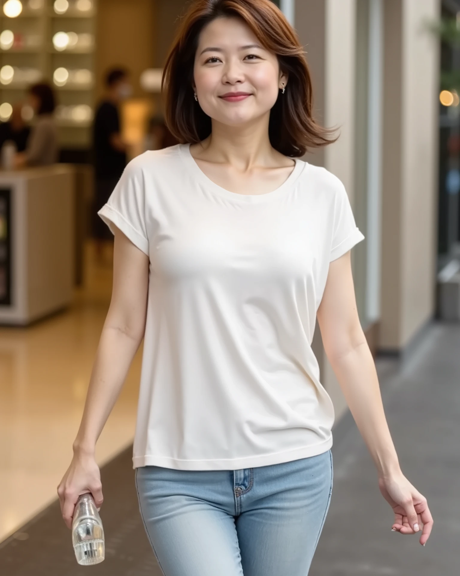 masterpiece, best quality, 16K, city, old woman, happy, smiling, standing, looking at viewer, front view, long hair, wave hair, black hair, eyes open, (large breasts:1.32), (wrinkles corners eyes:1.48), (nasolabial:1.48), (old skin:1.48), pale skin, freckled skin, wrinkles skin, (old muscles:1.2), plump, ((khaki parka)), (white t-shirt), (jeans), piercing, necklace, boots, 50-year-old, old, elderly, japanese, outside, in the city, at night, real person, ultra realistic photo, nsfw, full body shot, front view