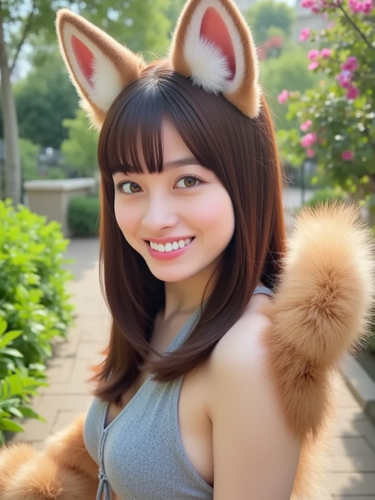 ((Highest quality, 8k)), ((masterpiece)), (Highest Resolution), Perfect Face, fox-eared woman, Female college student, Beautiful woman, Photographed in the city, Only one tail, she has thick thighs, Her big fox tail, Her brown fox tail, She wags her tail, Smiling with teeth showing, Fur collar, She is wearing white yoga pants, Plump Breasts, Beautiful Hips , Her fox tail sticks out, On all fours