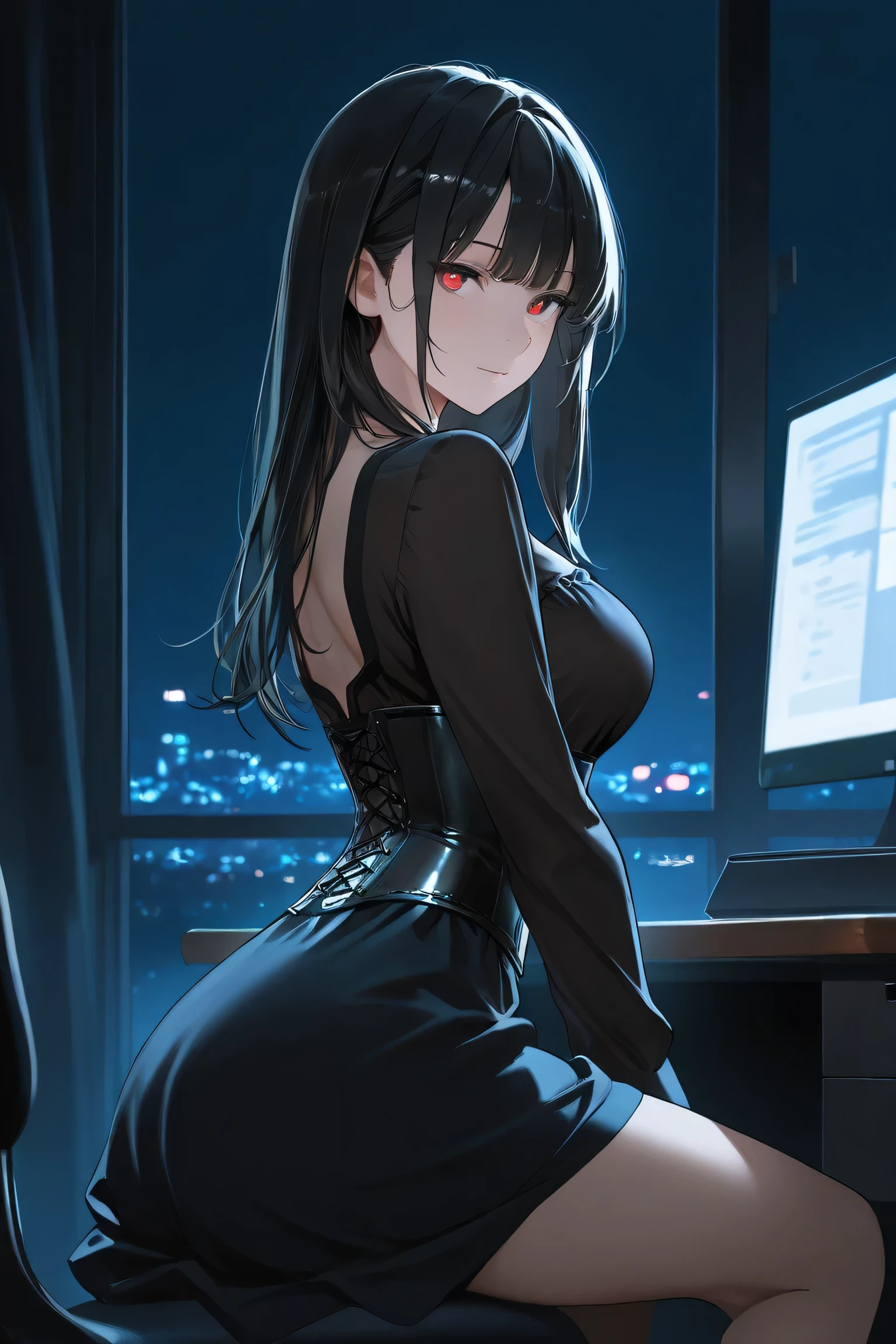 1girll，sexy ass，Back shadow，A black robe，Alchemy Laboratory，the mystery of unknown territories，Put your hands in your pockets，Black hair，Shoulder-length hair，Black eyes，Game scene graph
