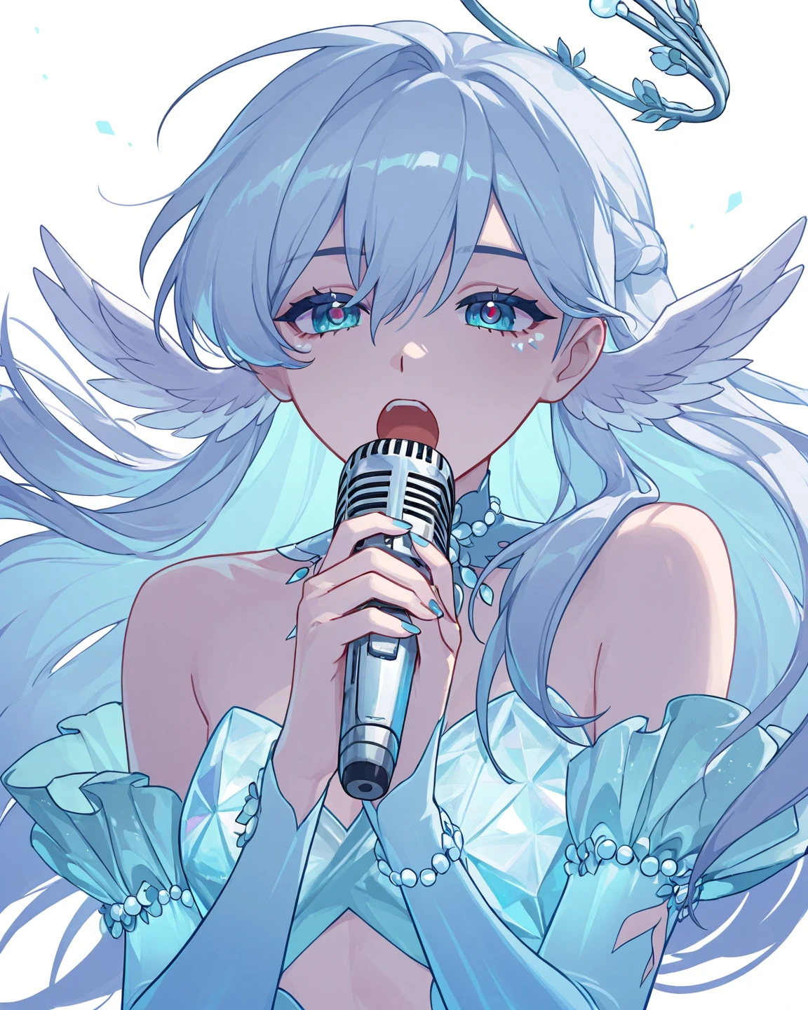 （Best quality at best，tmasterpiece），1girl，galaxias，glitters，white dresses，The upper part of the body，Dark simple background，looking at viewert，Girl with long silver hair，flickering eyes，holding a mic