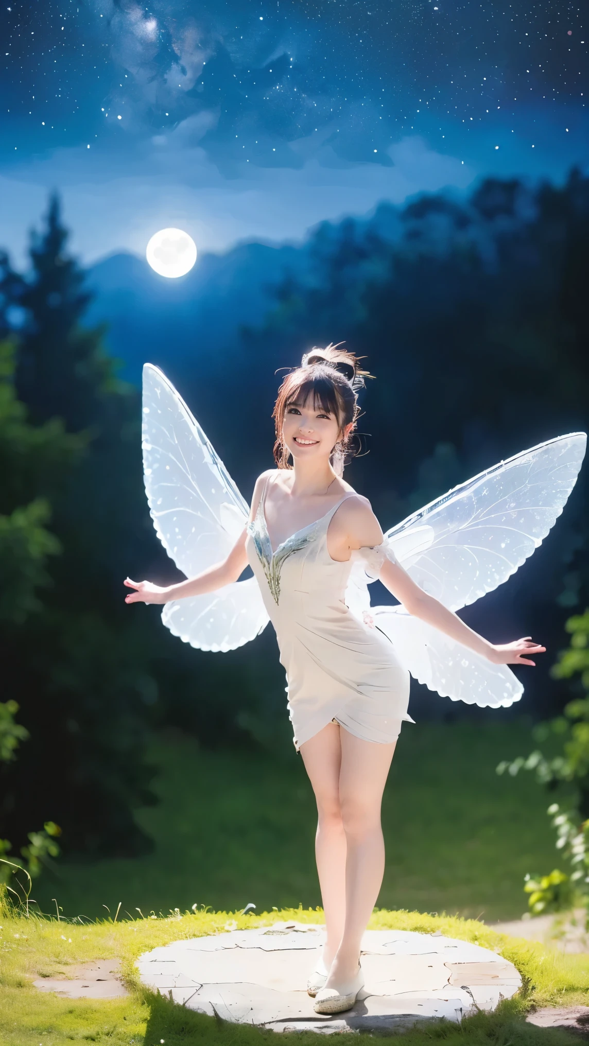 best quality, beautiful, ultra detailed, a girl, ((fairy, angel)), (( flying in the sky)), ((Fairies flying in the starry sky)), ((Tinkerbell), glad, delightful, smiling, wink, looking at viewer, ponytail, with a starry sky, ((fantasy, beautiful)), realistic photo, full body shot, ground-level shot, wide shot, moonlight, shining lights