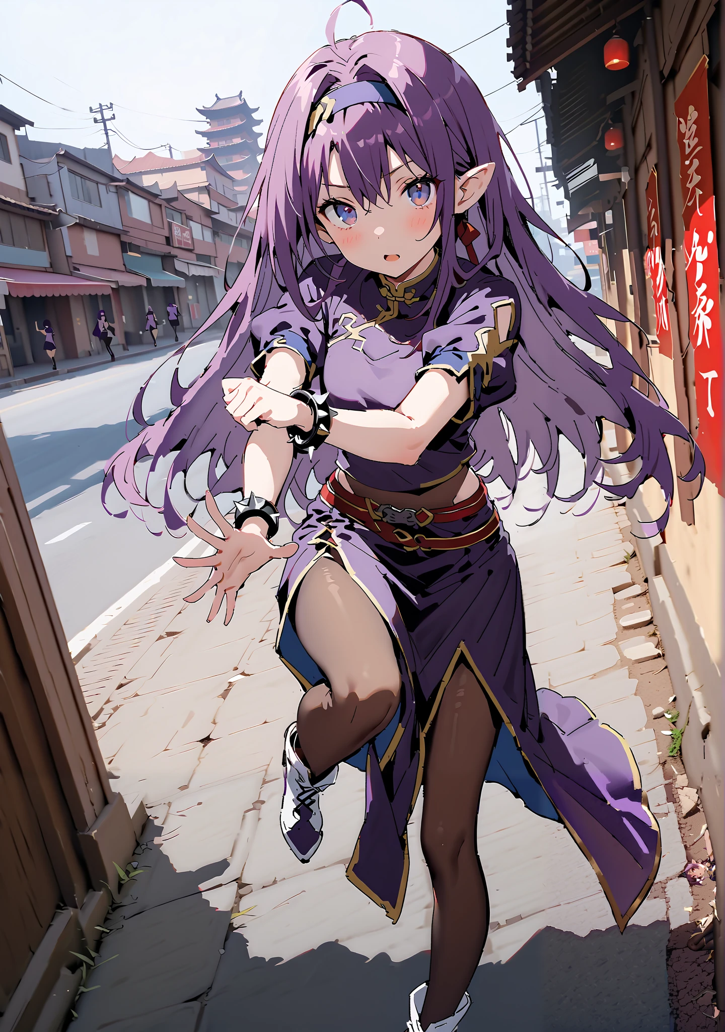 score_9, score_8_up, score_7_up, source_anime,
yuukiKonno, Konno Yuuki, headband, long hair, pointed ears, purple hair, red eyes, double chauban ,serious,and open your mouth,chunlicosplay, Chunli \(cosplay\), blue dress, boots, bracelet, brown pantyhose, china dress, Chinese clothes, cross lace footwear, dress, gold trim, jewelry, pantyhose, pelvic curtain, puff sleeve, band, short sleeve, side slits when it comes out, spiked bracelet, spike, White footwear,That's right.,standing, leg up, Leg lift, Beautiful cityscape, combat posture,full bodyがイラストに入るように, break outdoors,Chinatown,
break looking at viewer,full body,
break (masterpiece:1.2),Top Quality , kampala, Unity 8K Wallpaper ,(shape:0.8),( fine, beautiful eyes :1.6),It's a person ,full body写真,CG Details , (perfect hands with full nudity, complete anatomy),