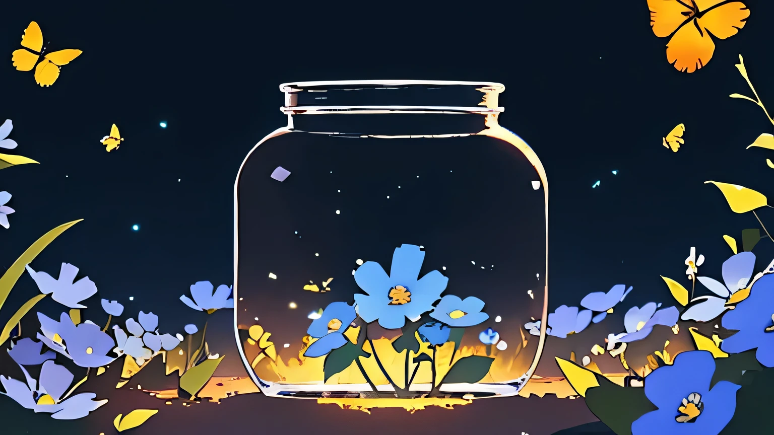 make me a youtube banner. channel name is minute mysteries. So, keep the components at the center. Give it a positive happy vibe with fireflies and aesthetic blue flowers.