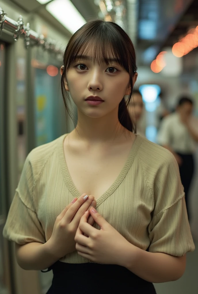 (Browsing Caution:1.4)、one Japanese girl, (a beauty girl, delicate girl:1.3), (20-year-old:1.0),
(buzzer、 blouse:1.2), (Crowded train:1.2), , Extremely fine resolution, (The eyes are sparkling、Symmetrical eyes:1.3), Parted bangs, Black Hair, girl,
(masterpiece, Highest quality, Very detailed, Detailed face, 8K)、Beautiful nipples、window、Standing in front of a train window、Push out your chest、(Molester:1.3、old man touching a woman、A bearded man is touching a woman、A man holds his waist、Many men stand near a woman:1.3)、(excessive cum、cum on body:1.2、cum in puss)、((nsfw),(1man and 1woman,having sex),(girl on top,straddling,on,bed),(Composition from below, ceiling),(top down bottom up)) 、(Blushing、tears)、Man grabbing his chest、A man puts his dick in