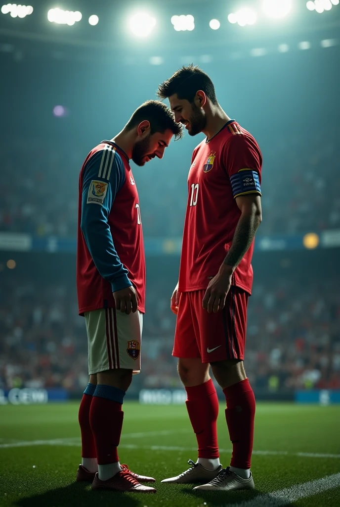 Two strong hairy Iranian football players very hairy chest hair bearded, wearing no shirt, black shorts and red socks and black cleats, hugging, brotherly kiss, big football stadium full of people.