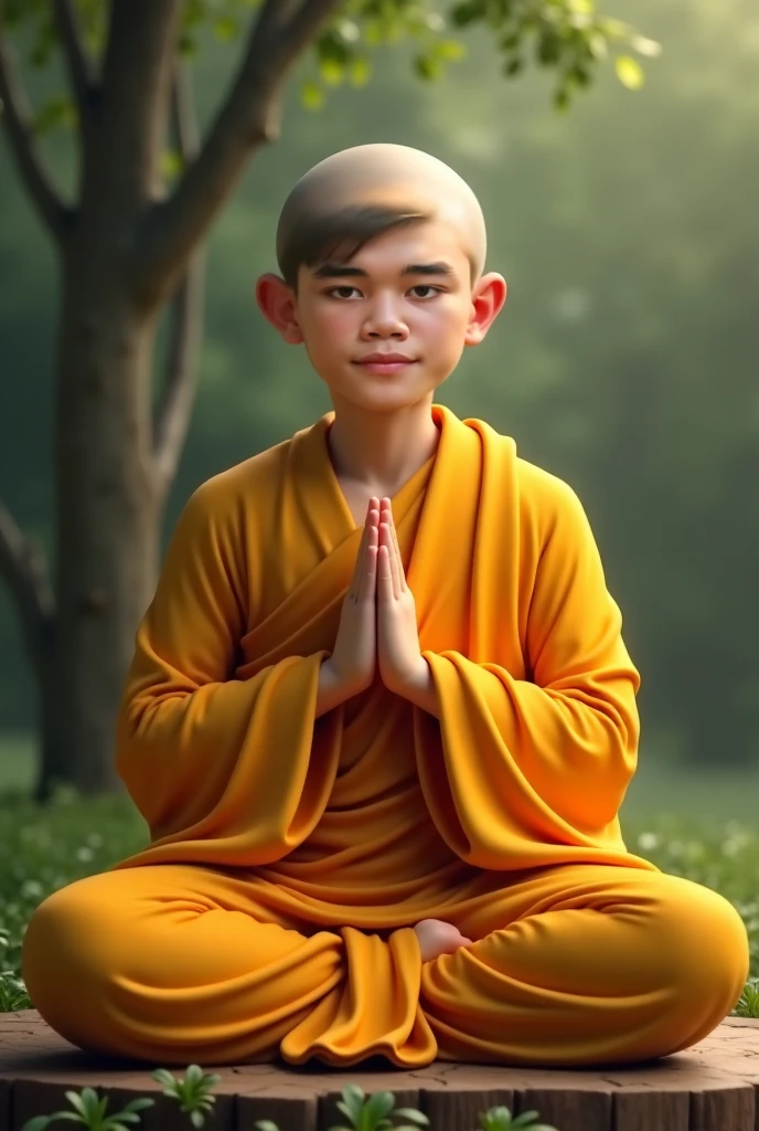 complete,Sit cross-legged all over the body,Such as the Buddha phase,Blessed phase,little monks,Real Human,solid color backdrop,8 bald head,had his hands folded,Orange,Face fat,Face kindness,one color background
