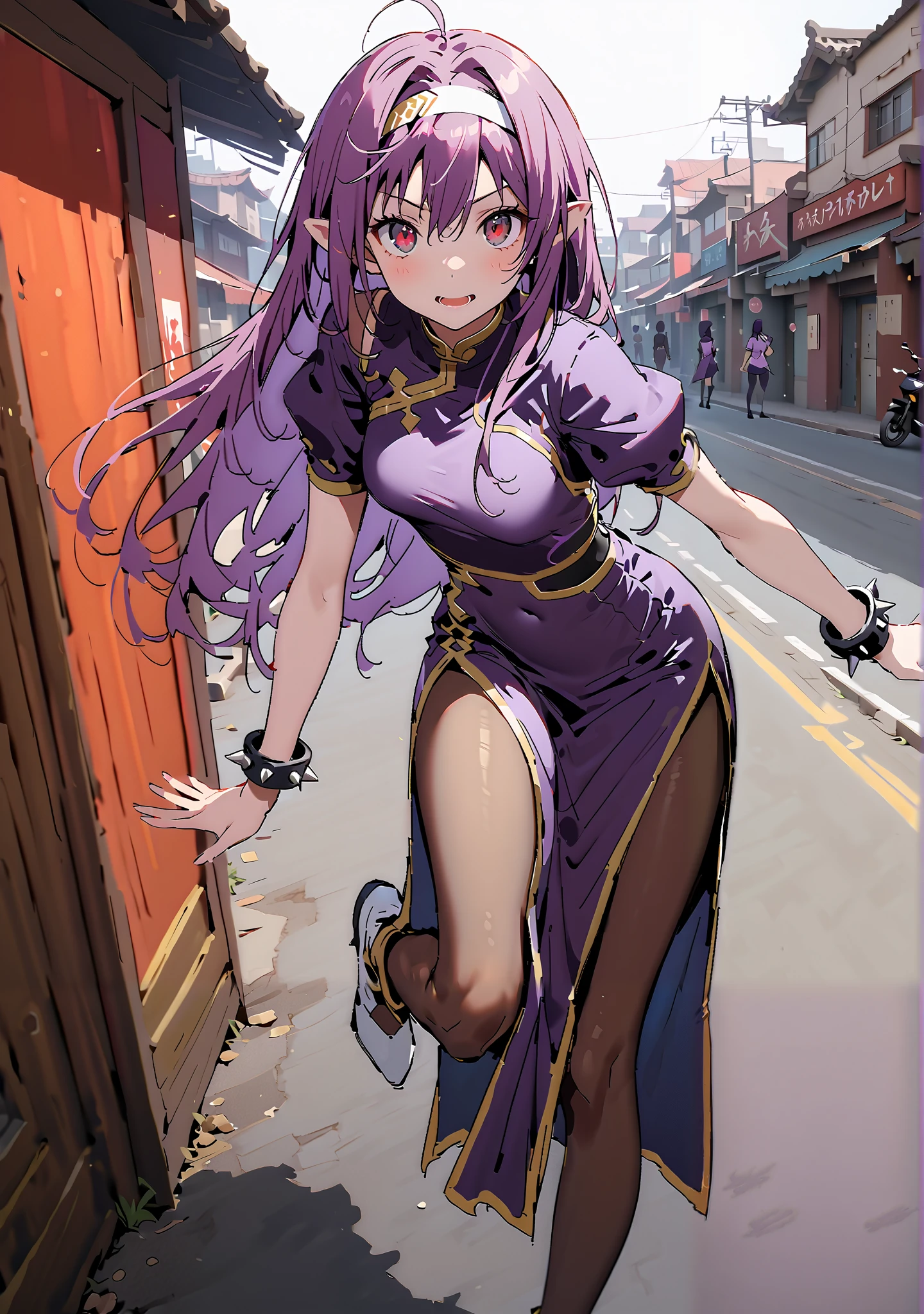 score_9, score_8_up, score_7_up, source_anime,
yuukiKonno, Konno Yuuki, headband, long hair, pointed ears, purple hair, red eyes, double chauban ,serious,and open your mouth,chunlicosplay, Chunli \(cosplay\), blue dress, boots, bracelet, brown pantyhose, china dress, Chinese clothes, cross lace footwear, dress, gold trim, jewelry, pantyhose, pelvic curtain, puff sleeve, band, short sleeve, side slits when it comes out, spiked bracelet, spike, White footwear,That's right.,standing, leg up, Leg lift, Beautiful cityscape, combat posture,full bodyがイラストに入るように, break outdoors,Chinatown,
break looking at viewer,full body,
break (masterpiece:1.2),Top Quality , kampala, Unity 8K Wallpaper ,(shape:0.8),( fine, beautiful eyes :1.6),It's a person ,full body写真,CG Details , (perfect hands with full nudity, complete anatomy),
