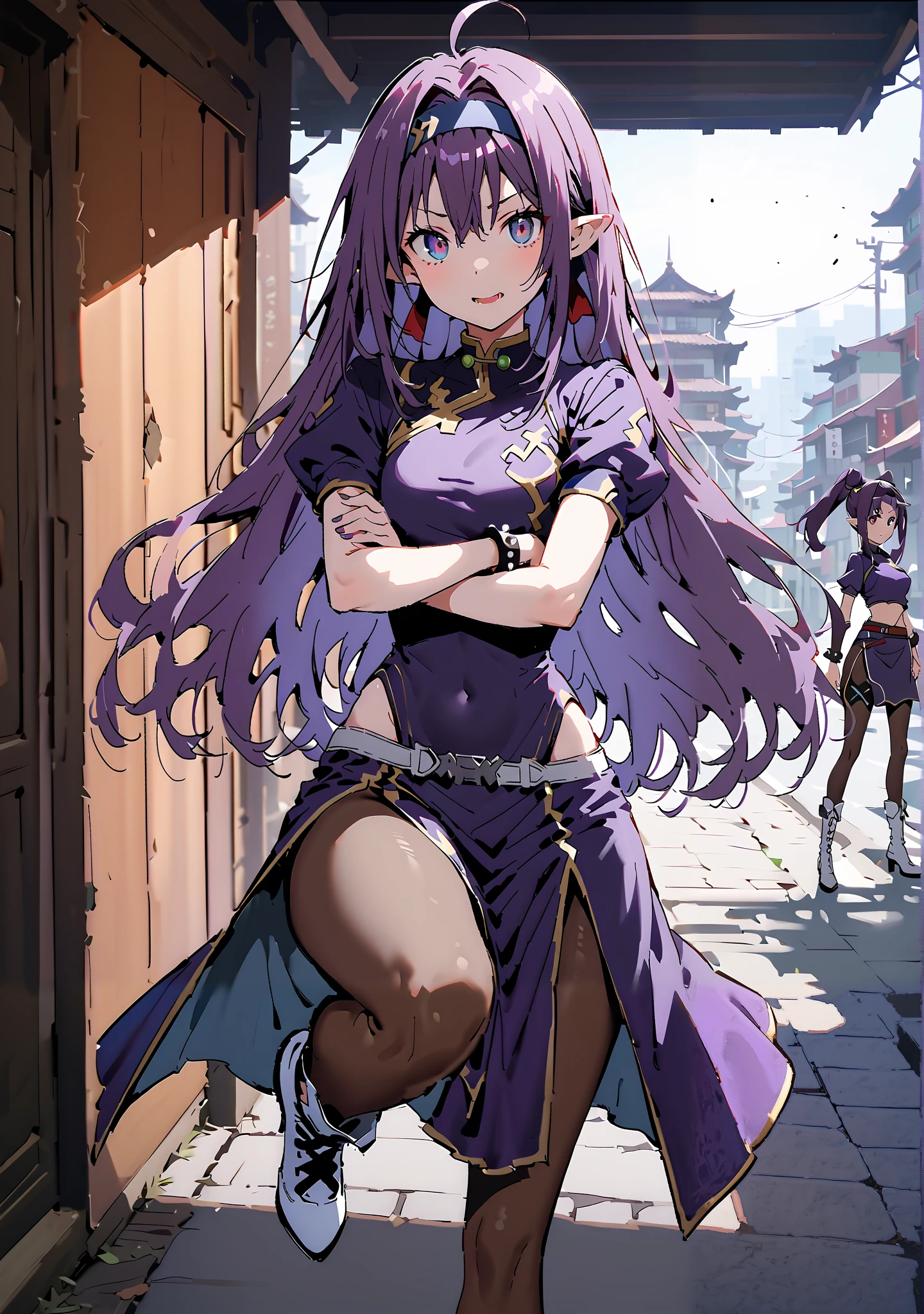 score_9, score_8_up, score_7_up, source_anime,
yuukiKonno, Konno Yuuki, headband, long hair, pointed ears, purple hair, red eyes, double chauban ,serious,and open your mouth,chunlicosplay, Chunli \(cosplay\), blue dress, boots, bracelet, brown pantyhose, china dress, Chinese clothes, cross lace footwear, dress, gold trim, jewelry, pantyhose, pelvic curtain, puff sleeve, band, short sleeve, side slits when it comes out, spiked bracelet, spike, White footwear,That's right.,standing, leg up, Leg lift, Beautiful cityscape, combat posture,full bodyがイラストに入るように, break outdoors,Chinatown,
break looking at viewer,full body,
break (masterpiece:1.2),Top Quality , kampala, Unity 8K Wallpaper ,(shape:0.8),( fine, beautiful eyes :1.6),It's a person ,full body写真,CG Details , (perfect hands with full nudity, complete anatomy),