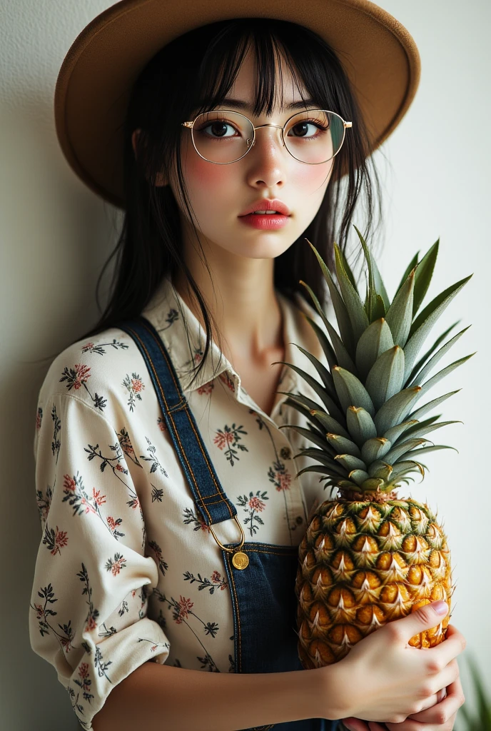 1girl, food, solo, fruit, holding food, holding, long hair, brown hair, holding fruit, outdoors, long sleeves, yellow headwear, branch, tree, hat, blurry, apple, closed mouth, brown eyes, day, bangs, looking up, hands up, jacket, leaf, standing, cowboy shot, plant, depth of field, blurry background, coat, braid, basket, green headwear, yellow jacket, looking away, sweater, dappled sunlight