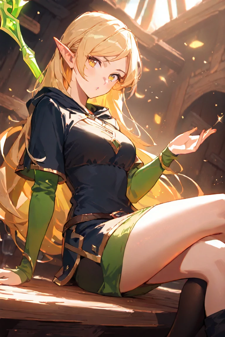 Flat chest, loli, full body, blonde hair, green eyes, low ponytail, parted bangs, (sweaty skin:1.2), church, light particles, illustration, crop top, absurd detail, HDR, huge ass, wide hips, long hair