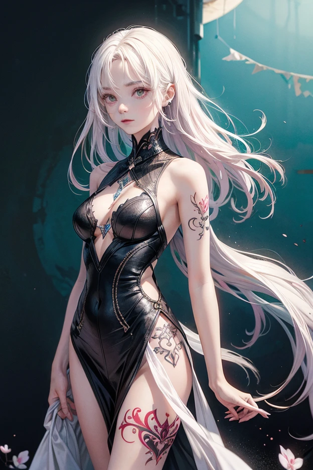 Selene undeworld, loba, Hibrido,piercings, tatuagens, tattoo de lua 🌙 na testa, black catsuit, Corcer, cabelo escuros,cachos,longo, franja Loira na frente, metade a metade