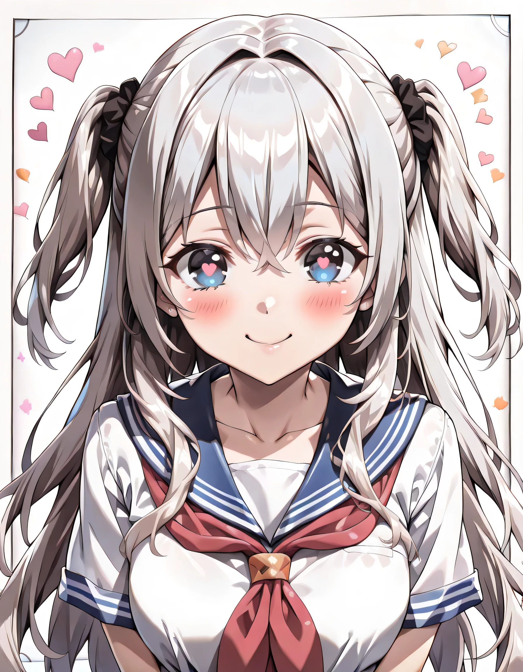 ((ultra-detailed)), (highly detailed CG illustration), (best quality:1.2), ultra-highly detailed, colorful composition, artistic photoshoot, 1girl, solo focus, ((upper body:1.4)), moe anime character, 20 years old girl, dainty facial structure, (), (round face), ((rounded chin:1.2)), celia-default, celia claire, (blue eyes), ((silver hair color)), ((two side up hair)), ample breasts, school uniform, sailor suit, traditional Japanese style with navy blue and white colors, :q, licking lips, one eye closed, ((smile:1.2)), ((happy:1.2)), ((joyful:1.2)), ((full face blush:1.2)), ((looking viewer)), ((Heart eyes:1.4)), ((pink heart background)), from front, best quality, masterpiece, expecting, pink cheek, blush, light pink gloss slip, portrait, depth of field, soft lighting, sidelighting, (shine), lighting, caustics, ray tracing, smile, perfect face, lustrous skin, highly detailed face, highly detailed eyes, perfect face, perfect nose, perfect hair, perfect eyes, perfect anatomy, beautiful hair, beautiful small face, extremely detailed face, beautiful detailed eyes, beautiful clavicle, beautiful body, beautiful ample breasts, leavage, breasts squeezed together, equalize the size of the left and right breasts, beautiful thin thighs, beautiful legs, beautiful fingers, 4 fingers, 1 thumb, lovely, (very detailed background:1.0), (highly detailed background:1.0), spring aesthetic, intricate details, joyful atmosphere, spring colors palette, chromatic aberration