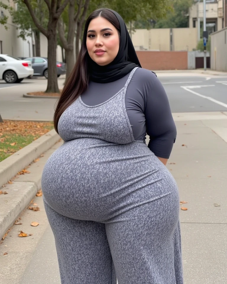 Extremely Hyperpregnant Libyan woman with huge belly wearing a dress