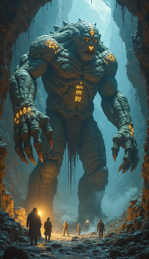 Giant dark monstrous golem guardian of a dark dungeon cave staircase