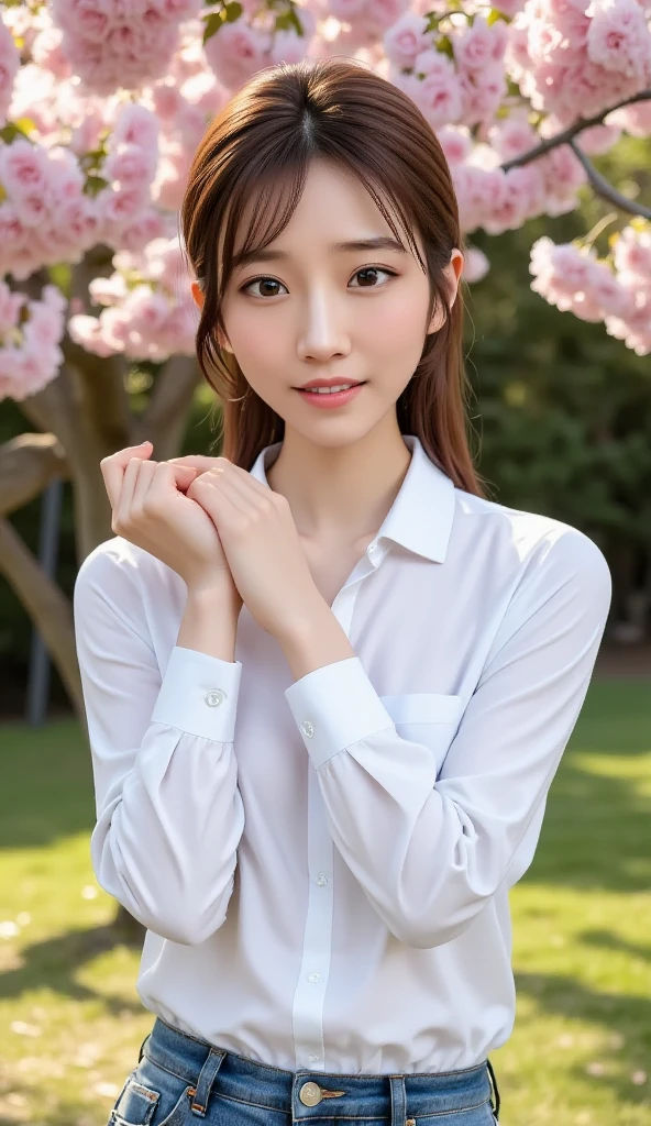 (masterpiece、high-level image quality、sharp focus)、Wearing a school white shirt with short sleeves、one shirt button is missing, A Japanese Lady、17 age、(perfect anatomia、Precise and beautiful limbs), simple girl with little smile, wind blows hair, short ponytail, big , Cherry blossoms,