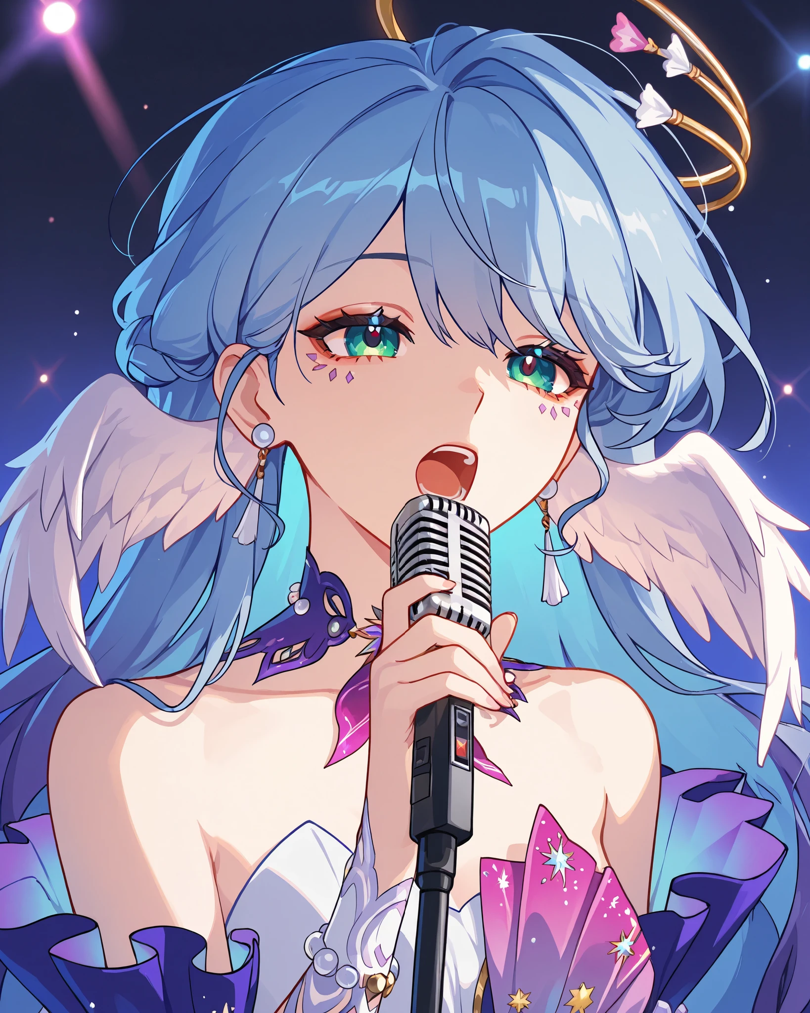 1 girl,robin (honkaistarrail),honkaistarrail,blue hair,singing with michrophone,pretty face,half body,white simple background, potrait shot,pretty vibe,