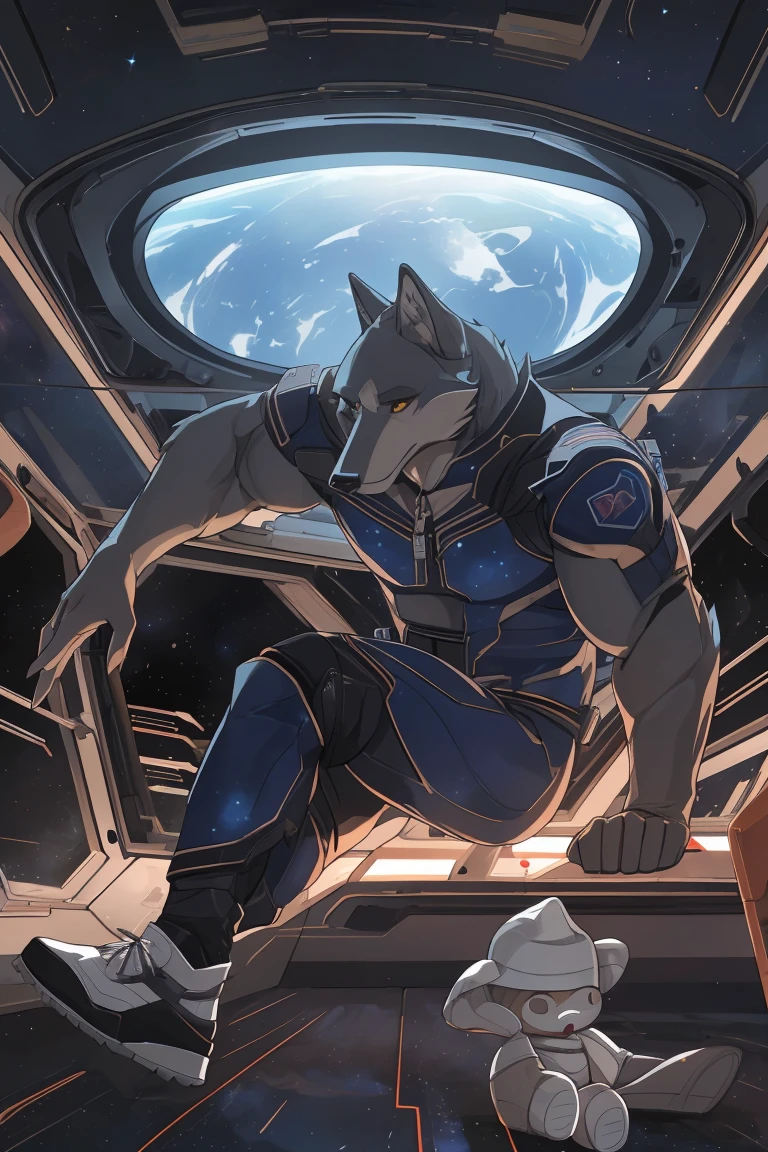 Solo, male, legs spread open, pulling pants down, by bigcozyorca, by goonie-san, by bebebebebe, by spikedmauler, facing viewer, panda pattern, black and white colored tyrannosaurus, bushy tail, buff, spacesuit, pulling pants down, showing off bulge, showing off, space observation deck background, open mouth, detailed mouth, tongue hanging out, drooling, smirking, eductive smile, lustful grin, bulge, bulging, hard bulge, adjusting hard bulge, adjusting bulge, adjusting crotch, masterbating, jacking off, touching dick, big erect cock