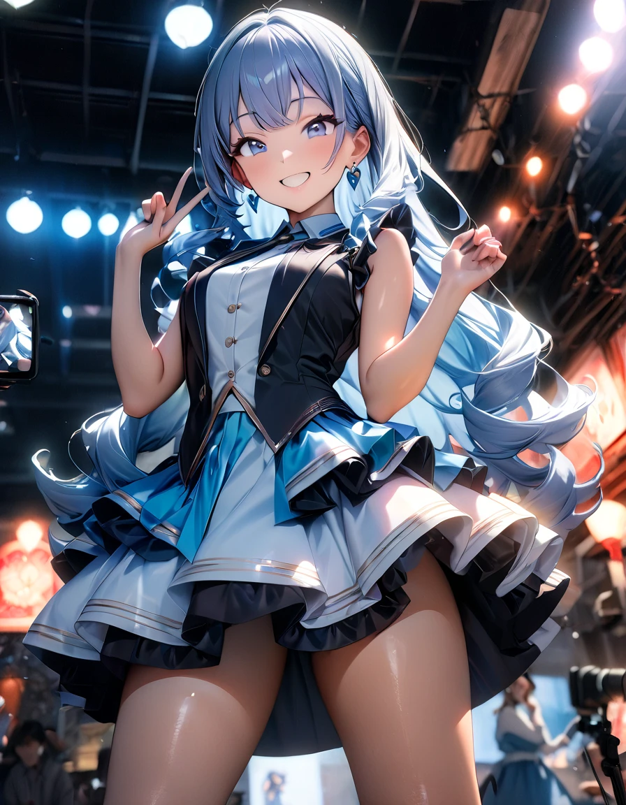 (Official art、Best Quality、Unity 8k Wallpapers、32K、​masterpiece、ultra-detailliert、超A high resolution、realisitic、Photorealsitic:1.2)、(Cinematic lighting:1.2)、(Full body)、Realistic pupils、Sharp pupils、Blue and white figure skating costume、While skating、frilld、foco nítido、(Self-filling appearance:1.2)、I opened my mouth a little、A slight smil、There were a lot of people in the audience、It has an enthusiastic audience、(braided ponytails、Silvery beautiful hair、Ice blue eyes)、(Play Figure Skating、Stretch your arms and glide:1.2)、thighs thighs thighs thighs、(Sweating:1.2)、