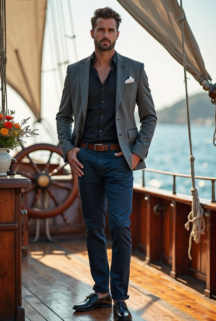 
"Create a scene featuring a confident man standing on the deck of a vintage sailing ship. The ship's wooden deck should have nautical elements like ropes, a polished surface, and a classic ship's wheel. The man should be dressed in a sharp, modern gray blazer over a black shirt, paired with dark blue jeans and stylish black shoes. The man has a short beard and a calm, confident expression. In the background, the ocean stretches out, with the ship's sails billowing in the breeze under a bright sky. A flower vase with colorful blooms is placed on the deck, adding an elegant touch. The lighting should be warm and golden, giving the scene a sophisticated yet adventurous feel."
