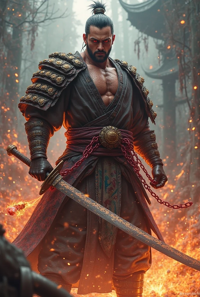 Low angle shot, (Yasuke “A towering African man over six feet tall, with a muscular build and dark, glistening skin”, surrounded and outnumbered, fights with the ferocity of a lion in his final battle. His movements are swift and deadly, his katana cutting through the air with precision and power. His face is a mask of focus and determination, his dark skin gleaming with sweat and blood. The background is a chaotic battlefield, with clashing swords, fallen warriors, and the distant sound of war drums. The sky is dark and filled with storm clouds, with flashes of lightning illuminating the scene. Yasuke’s presence is a whirlwind of strength and skill, his every move a testament to his unbreakable spirit.) unreal engine, cinematic, hyper-real, highly detailed, Ultra realistic HD --q 2 --v 6.1 --ar 9:16  
