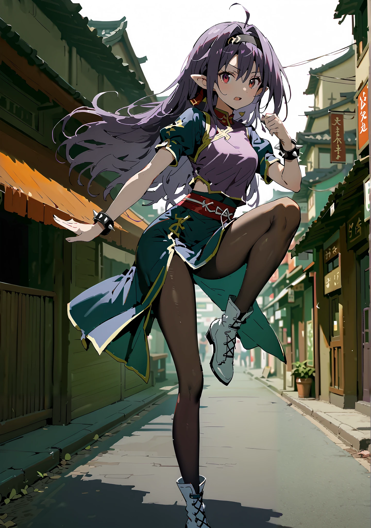 score_9, score_8_up, score_7_up, source_anime,
yuukiKonno, Konno Yuuki, headband, long hair, pointed ears, purple hair, red eyes, double chauban ,serious,and open your mouth,chunlicosplay, Chunli \(cosplay\), blue dress, boots, bracelet, brown pantyhose, china dress, Chinese clothes, cross lace footwear, dress, gold trim, jewelry, pantyhose, pelvic curtain, puff sleeve, band, short sleeve, side slits when it comes out, spiked bracelet, spike, White footwear,That's right.,standing, leg up, Leg lift, Beautiful cityscape, combat posture,full bodyがイラストに入るように, break outdoors,Chinatown,
break looking at viewer,full body,
break (masterpiece:1.2),Top Quality , kampala, Unity 8K Wallpaper ,(shape:0.8),( fine, beautiful eyes :1.6),It's a person ,full body写真,CG Details , (perfect hands with full nudity, complete anatomy),
