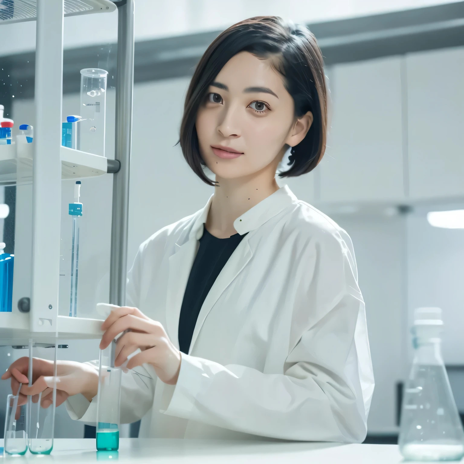 Depict a 20-year-old, stunningly beautiful woman conducting an experiment in a well-equipped science lab. She wears a pristine white lab coat over professional attire, her expression focused as she carefully handles scientific instruments. Whether her hair is long and neatly tied back or short and styled, she maintains a meticulous appearance suited for the lab environment. The background features shelves filled with scientific equipment, adding to the immersive atmosphere of the setting. Black hair, bob haircut, dark eyes.