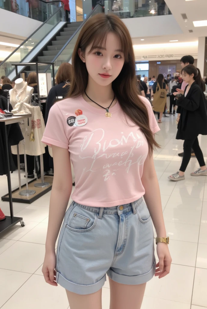 ((top-quality、8k、masterpiece:1.3))、Beautiful woman with perfect body:1.4、slim abdomen:1.2、Longhair, normal breast, Highly detailed facial and skin texture, A detailed eye, delicate eyes, double eyelid, (smile), (full body shot), ((shopping mall)), (sitting in the bench), (((wearing pink t-shirt with short pants)), looking in front