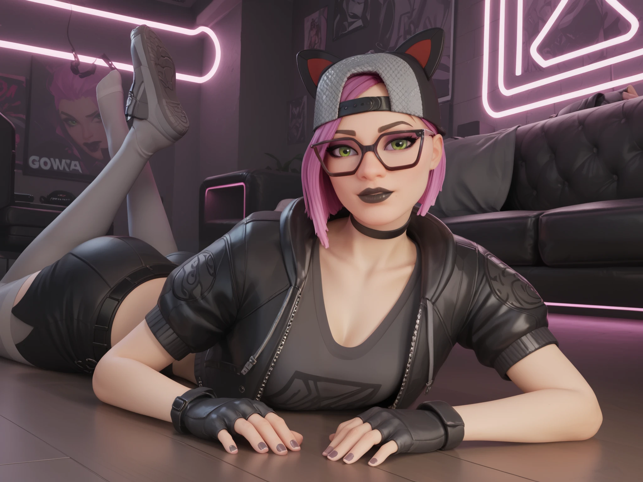 girl (masterpiece),choker,black lips,black cap, glasses, looking at the viewere,fingerless gloves,evening (only)loose Dark gray V-neck t-shirt, Black jacket (black leather shorts with grey leggings),video games,gamer room,with neon light,beautiful green eyes,short pink hair,lying on the floor, face down,black floor,Futuristic room, neon light