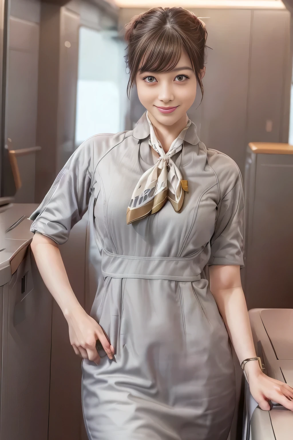 (masterpiece:1.2、highest quality:1.2)、32K HDR、High resolution、(alone、1 girl、Slim figure)、(Realistic style with Starlux Airlines uniform)、 (In the airport lounge, Professional Lighting)、Airport Lounge Background、A proper woman, Beautiful Face,、(Starlux Airlines silver uniform:1.4)、(Starlux Airlines silver uniform with short sleeves)、(scarf on chest)、Big Breasts、(Long Hair Up、Hair Bun)、Dark brown hair、Long Shot、((Great hands:2.0))、((Harmonious body proportions:1.5))、((Normal limbs:2.0))、((Normal finger:2.0))、((Delicate eyes:2.0))、((Normal eyes:2.0)))、Beautiful standing posture、smile,Place your hands around your stomach