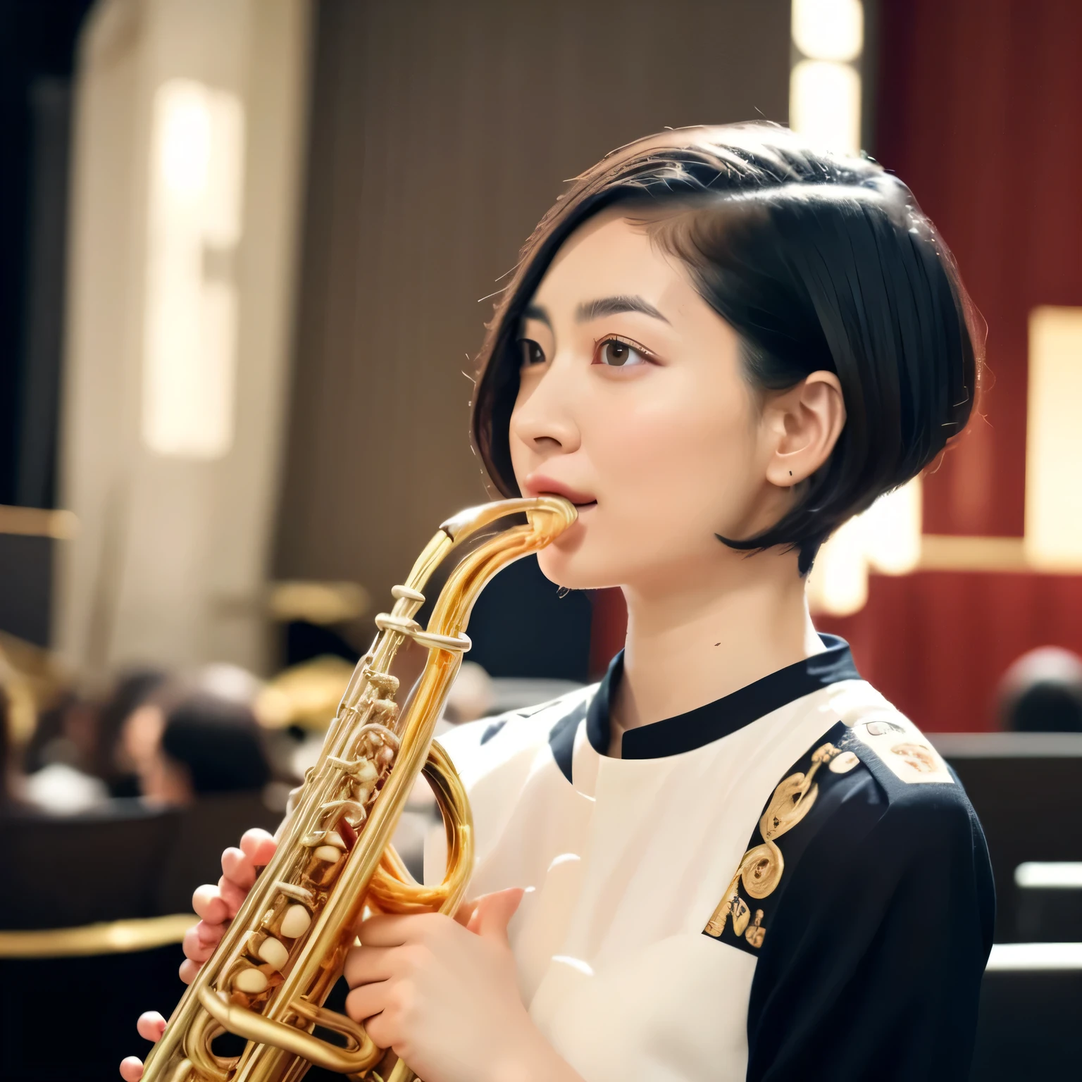 Depict a 20-year-old, dazzlingly beautiful woman playing a brass instrument in a grand concert hall. She wears an elegant yet practical band uniform, designed with intricate gold embroidery. Her posture is poised, fingers positioned with precision, her eyes focused as she plays passionately. The warm stage lighting highlights the shine of her instrument, creating a visually striking contrast between her and the surrounding orchestra. Black hair, bob haircut, dark eyes.