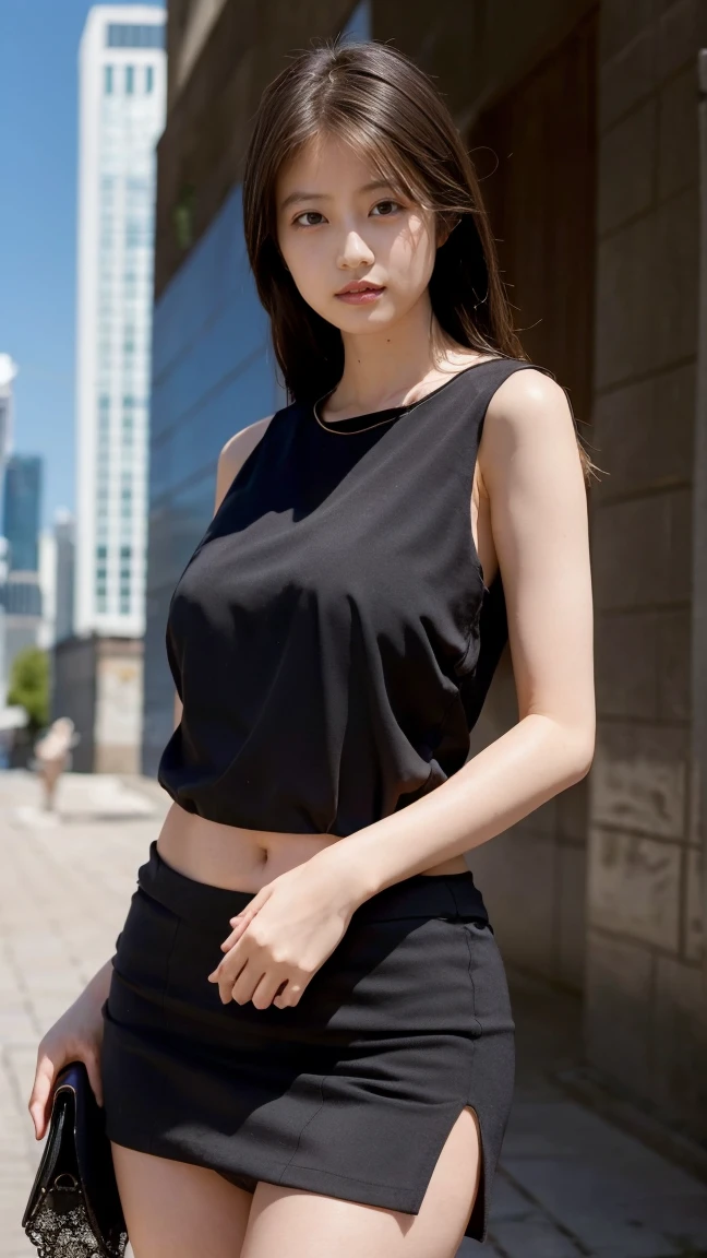 dark brown hair、light brown eyes、Japanese actress face、 lady、I'Iは彼とIが好きです'I'Iは40歳くらいです.、(intricate details:1.2)、(which one is the top?:1.4)、 (ultra high resolution:1.2)、ultra high resolution、(finely tuned)、(detailed facial features)、nffsw、8K resolution、D cup size breasts、long hair、up hairstyle, up hair、bun hair、1 girl, A look of deep sadness, (Highly detailed beautiful face), (blackのカットソーキャミソール:1.5),black close-fitting shorts、 (bare shoulders:1.3), (highest quality:1.4), (Super detailed)、beautiful fair skin, Angle from below、 Cross your arms in front of your body、Wrap your arms around your body.、open your mouth a little、Visible legs、Pose of Weakness、obscene pose、Street fashion、very sandals、cutout design、Are standing、