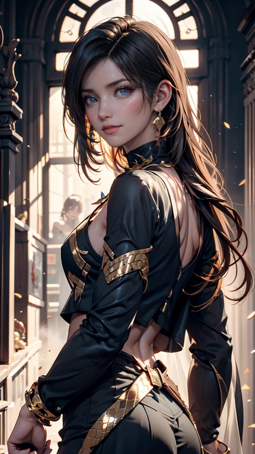 1girl, official, green eyes, Folding fan in one hand, another hand rings the bell, brown hair, Surrealism, depth of field, anatomically correct, textured skin,from behind,(looking at viewer, from side, head tilt ,leaning back:1.5) ,UHD, masterpiece, high quality, high details, 8k