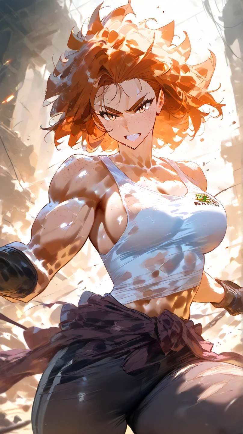 Anime Girl Giantess in the City, Muscular!!, Muscular!, Muscular Girl, Attack on Titan, Muscular!!!, Muscular!! Sci-fi, an attack on the Titan anime style, fire!! Full body, strongest pose, muscular, muscular, scary, heroine 👀:8, (Attack on Titan anime), Attack on Titan, massive giantess, giga giantess, showing cleavage, large breasts, buff, big muscles, thick arms, big biceps, big deltoids, big trapezius, abs, obliques, midriff, thick thighs, muscular/strong legs/thighs, muscular/strong calves
