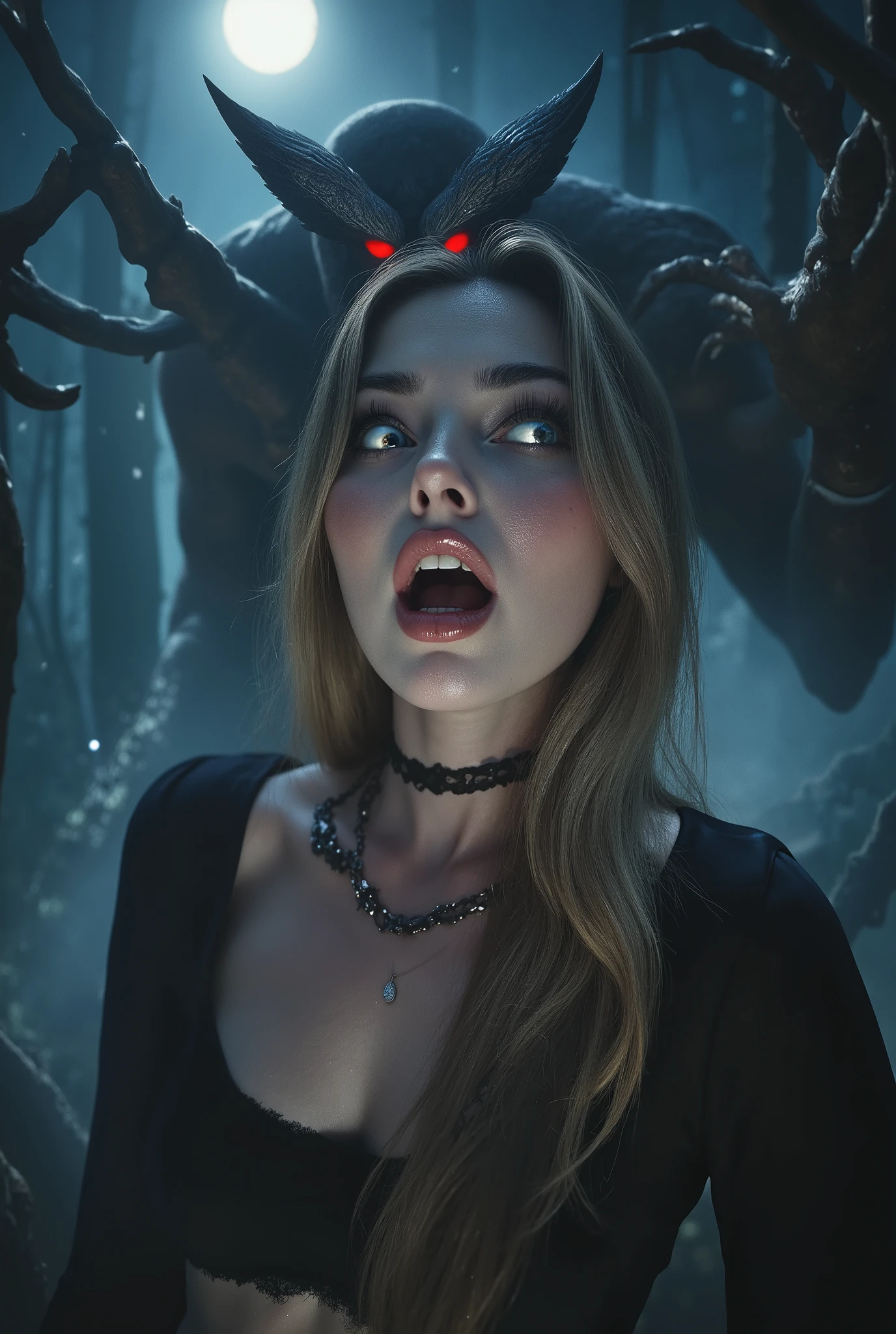 woman being stalked, by a monster, dark forest, moonlight, eerie fog, gnarled trees, glowing red eyes, sharp claws, terrified expression, photorealistic, 8K, hyper-detailed, cinematic lighting, dramatic shadows, moody, horror, dark fantasy