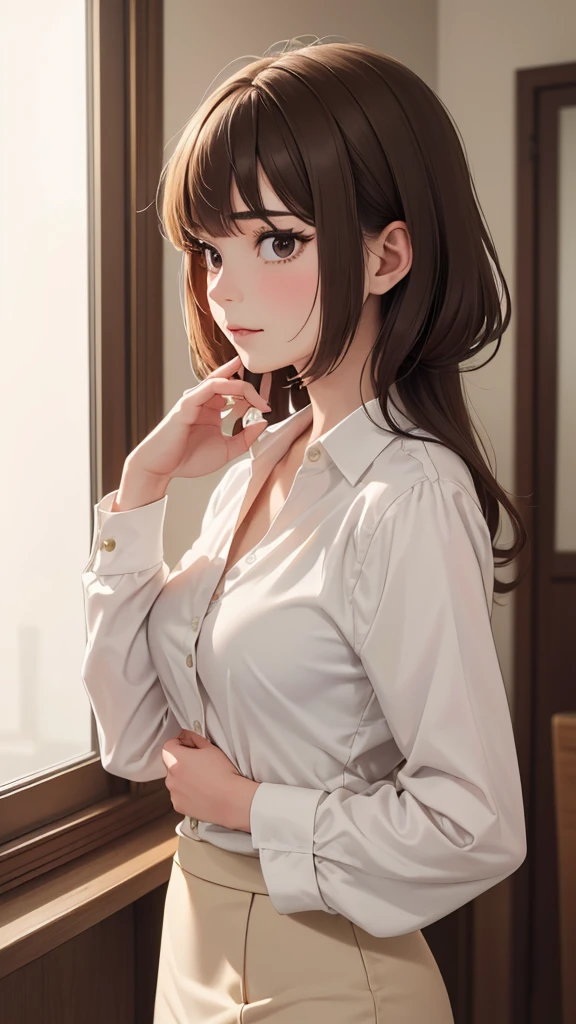 masterpiece, Highest quality, Super detailed, figure, Spectacular lighting, Structure of the film, isometric, One girl, alone, cute, Brown eyes, Black Hair, Swept-apart bangs, Single Side Lock, Red Hair Clip, White collared shirt, Black bra shows through、Black tie, Black trousers, formal, Captivating Gaze, Seductive pose, indoors, office, door, opening door, View your viewers, show one&#39;s upper body, blush, Captivating smile, Mouth closed,(8K:1.1),