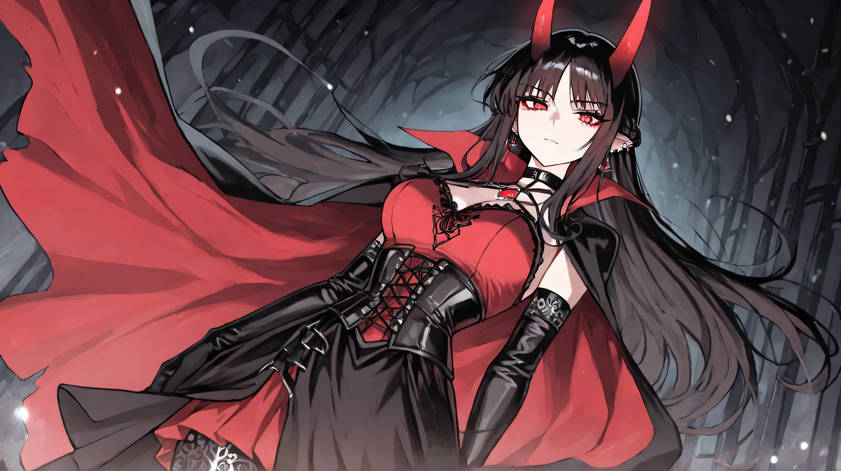 Masterpiece, Best Quality, Top Quality, Very Detailed, A mesmerizing anime-style illustration of a mysterious dark queen with long, flowing dark hair and piercing red eyes. She wears a regal black and crimson gothic dress with intricate metallic details, a high collar, and a flowing cape that billows in the cold, dark environment. Delicate yet sharp, her black crown-like horns add an air of power and elegance. Snowflakes drift through the air, illuminated by a faint ethereal glow. A floating, radiant red gemstone encased in a magical metal frame hovers beside her, pulsating with an ominous energy. Her expression is calm yet commanding, as if she holds untold secrets of the abyss.