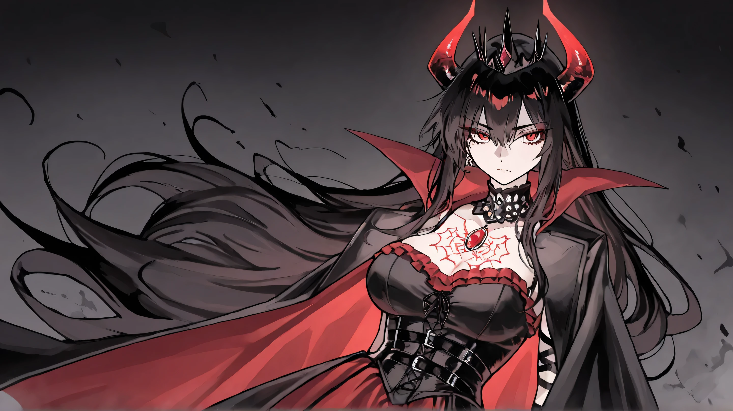 Masterpiece, Best Quality, Top Quality, Very Detailed, A mesmerizing anime-style illustration of a mysterious dark queen with long, flowing dark hair and piercing red eyes. She wears a regal black and crimson gothic dress with intricate metallic details, a high collar, and a flowing cape that billows in the cold, dark environment. Delicate yet sharp, her black crown-like horns add an air of power and elegance. Snowflakes drift through the air, illuminated by a faint ethereal glow. A floating, radiant red gemstone encased in a magical metal frame hovers beside her, pulsating with an ominous energy. Her expression is calm yet commanding, as if she holds untold secrets of the abyss.