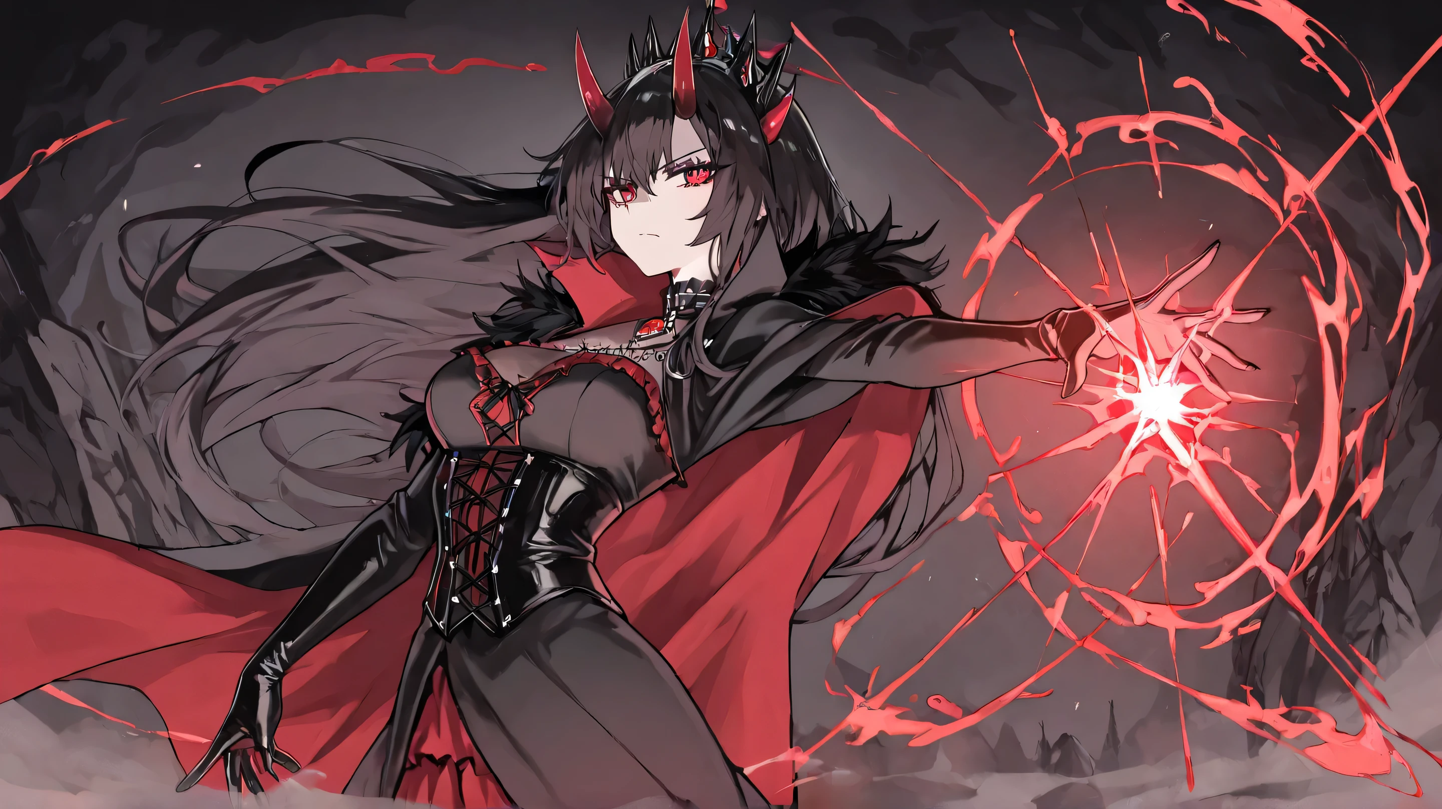 Masterpiece, Best Quality, Top Quality, Very Detailed, A mesmerizing anime-style illustration of a mysterious dark queen with long, flowing dark hair and piercing red eyes. She wears a regal black and crimson gothic dress with intricate metallic details, a high collar, and a flowing cape that billows in the cold, dark environment. Delicate yet sharp, her black crown-like horns add an air of power and elegance. Snowflakes drift through the air, illuminated by a faint ethereal glow. A floating, radiant red gemstone encased in a magical metal frame hovers beside her, pulsating with an ominous energy. Her expression is calm yet commanding, as if she holds untold secrets of the abyss.