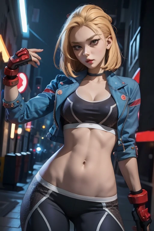 ((Best Quality, 8K, Masterpiece: 1.3)), Detailed Eyes, Double Eyelids, (1girl), (Left Face Scar), (28 years old, sexy maturity), (Vest line, thin waist, buttocks), (Blue jacket), ((Big blue eyes, long eyelashes)), ((Pout)), ((Firm nose)), (Realistic skin details), Detailed Face, Best Light, Best Shadow, Edge Lighting, Ray Tracing, Unreal Engine 5, (Cammy white from street fighter 6, game CG character modeling)), beautiful shiny hair, (((dark gray tights))), muscular, collar, abs, (mid-chest hard), (leg muscle line), (sitting in front of the bar counter with your back to the camera, side face, noisy bar)) NVIDIA RTX, Super-Resolution, Unreal 5, Subsurface scattering, PBR Texturing,Post-processing,Anisotropic Filtering,Depth-of-field,Maximum clarity and sharpness,Multi-layered textures,Albedo and Specular maps,Surface shading,Accurate simulation of light-material interaction, Perfect proportions, Octane Render, Two-tone lighting, Wide aperture, Low ISO, White balance, Rule of thirds, 8K RAW, Elevation view