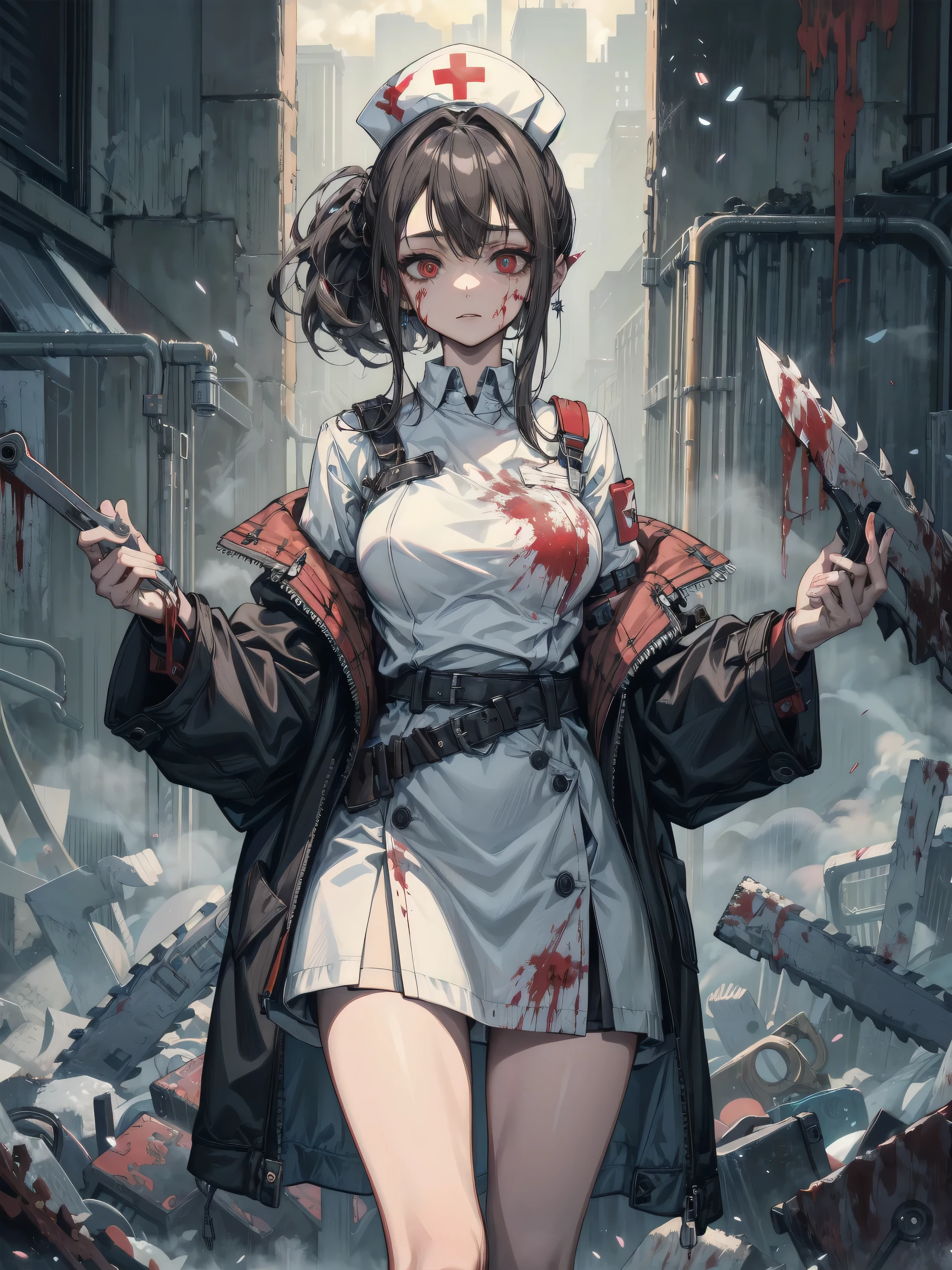 Zombie World,Wasteland style,Doomsday style,Blood,Blood,沾满Blood的衣服,Zombie girl,Zombie girl,fester,rot,ruins背景,ruins背景,City背景,Zombie background,Horror backgrounds,City街道上的Zombie Girl,Close-up above the waist,Light and Shadow,illumination,ruins,City,Modern City,Nurse uniform,Ragged clothes,破烂Nurse uniform,Close-up above the waist,Upper body close-up,Zombie Girl,Wound,Body sutures,Pale skin,Bloodless skin