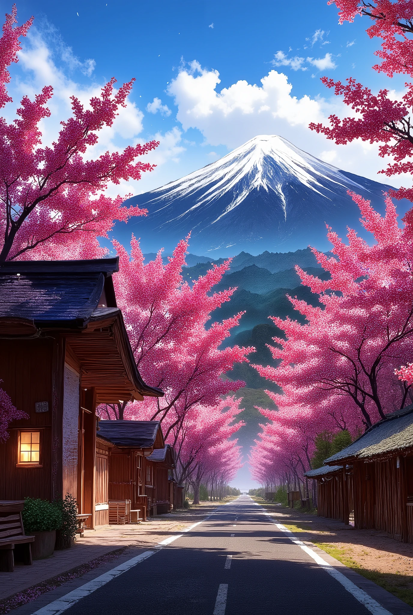 Realistic, realistic landscape. A winding road through a quiet valley, lined with bright pink cherry blossoms on both sides. The majestic snow-capped mountains stand out in the background, reflecting the clear blue river winding through the scene. Flowers in full bloom, soft pink, contrast with the cool blue tones of the mountains and sky. The soft light of the evening sun, shining through the entire scene, creates a dreamy and surreal atmosphere. The paved road gently curves into the distance. The overall view is a slightly higher vantage point, providing a wider view of the valley and the surrounding landscape. The delicate branches of the trees, which are colored in a deeper pink, soften and deepen the image. The composition is carefully balanced, with the mountains in the background and the flowers making the foreground interesting. The road creates a focal line that leads the viewer's eye into the picture. This style is reminiscent of a unique painting's interpretation of nature. The bright colors and dreamy atmosphere create a calm and enchanting atmosphere, reminiscent of Japanese aesthetics. A blissful, romantic and quiet atmosphere are distinctive.