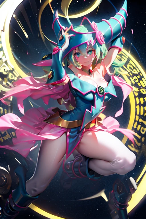 small breasted, beautiful, elegant, confident dancer in a futuristic armor and pink-jumpsuit. Her smile is enchanting and her dance moves are graceful and mesmerizing. The cosmic theme surrounds her, with vibrant colors and celestial patterns. The lighting creates a dreamy atmosphere, enhancing the otherworldly ambiance. The art style is a fusion of futuristic and fantasy, with intricate details and ultra-fine painting techniques. The image quality is of the highest standard, with sharp focus and realistic rendering. The colors are vivid and dynamic, with a mix of deep cosmic blues, purples, and splashes of vibrant nebulas and distant stars. The dancer's armor gleams with a metallic sheen, reflecting the cosmic hues. The scene is set against a backdrop of distant galaxies and swirling cosmic dust, adding depth and dimension to the composition. Overall, this artwork exudes elegance, futuristic vibes, and showcases the beauty of dance in a cosmic setting.
