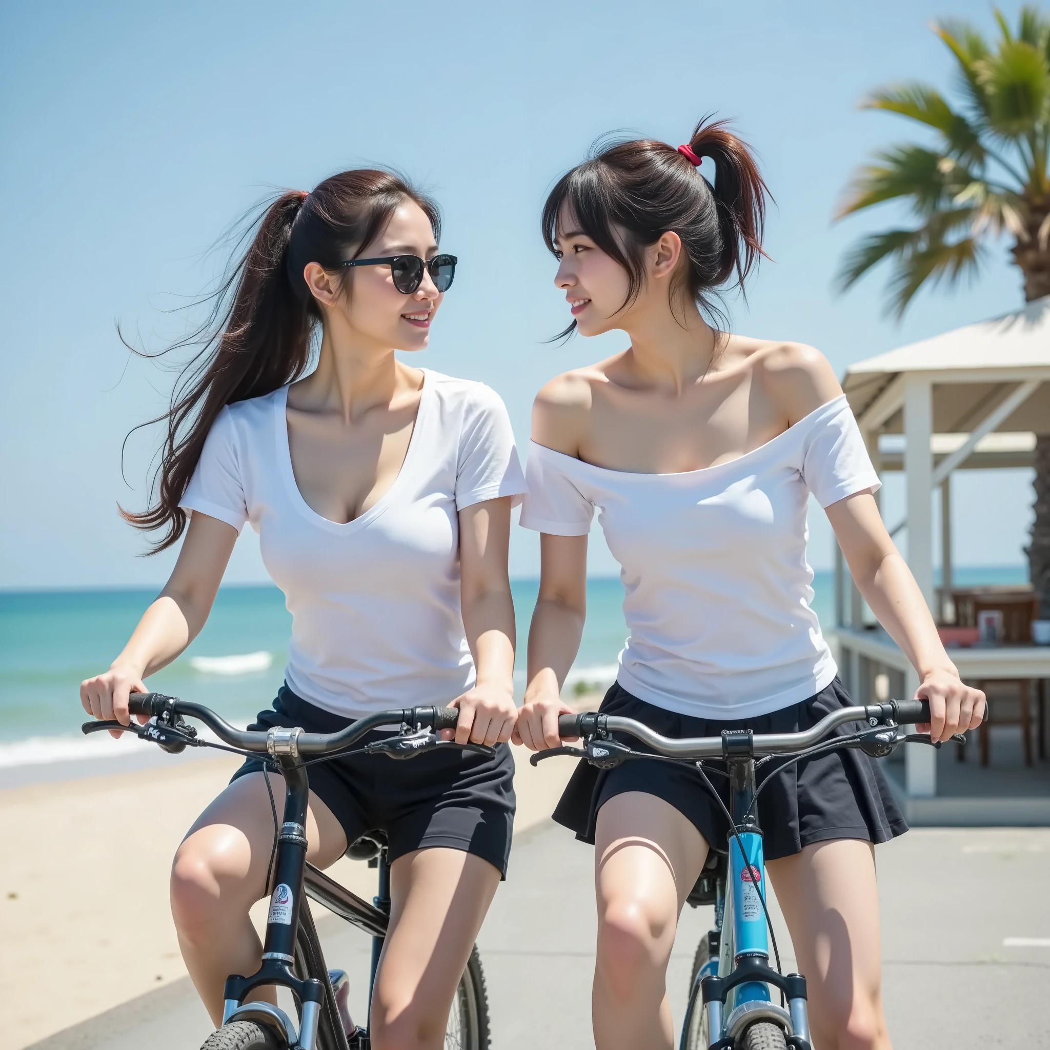 『has a different face and hairstyle2 Japanese girls in tennis panties:1.9』『real photo:1.3』Top Quality:1.2、((big breasts))、slender bodies,with a slight cleavage、((young 20 year old woman ))、((teeth:1.3))、(((anatomically correct、perfect anatomy、anatomically correct指)))、realistic, Top Quality, super high resolution, RAW photo, (Curvy body)、full body,idol-like appearance and smile,2 people are paddling bicycles side by side on the seashore, The background is the ocean.palm tree.Cafe, 1 has shortcuts .One of them has a ponytail,1 is an off-the-shoulder white shirt with a black miniskirt,1 person is a short summer dress,the pants seem to be visible from the skirt paddling a bicycle,sunglasses