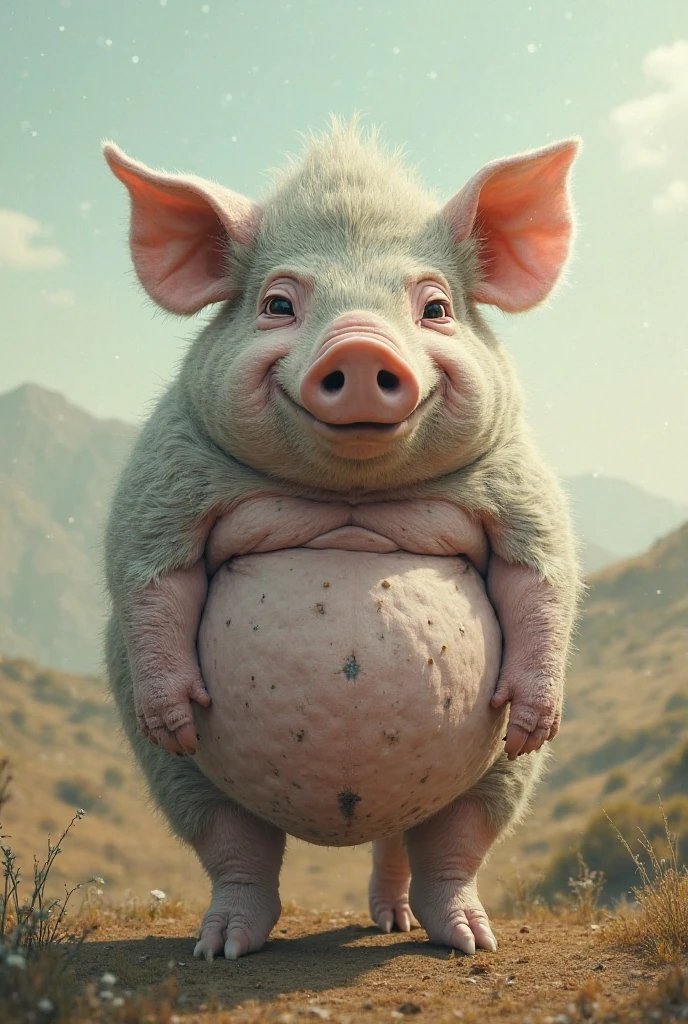 Small piglet growing transform in a huge mountain in a earlier time